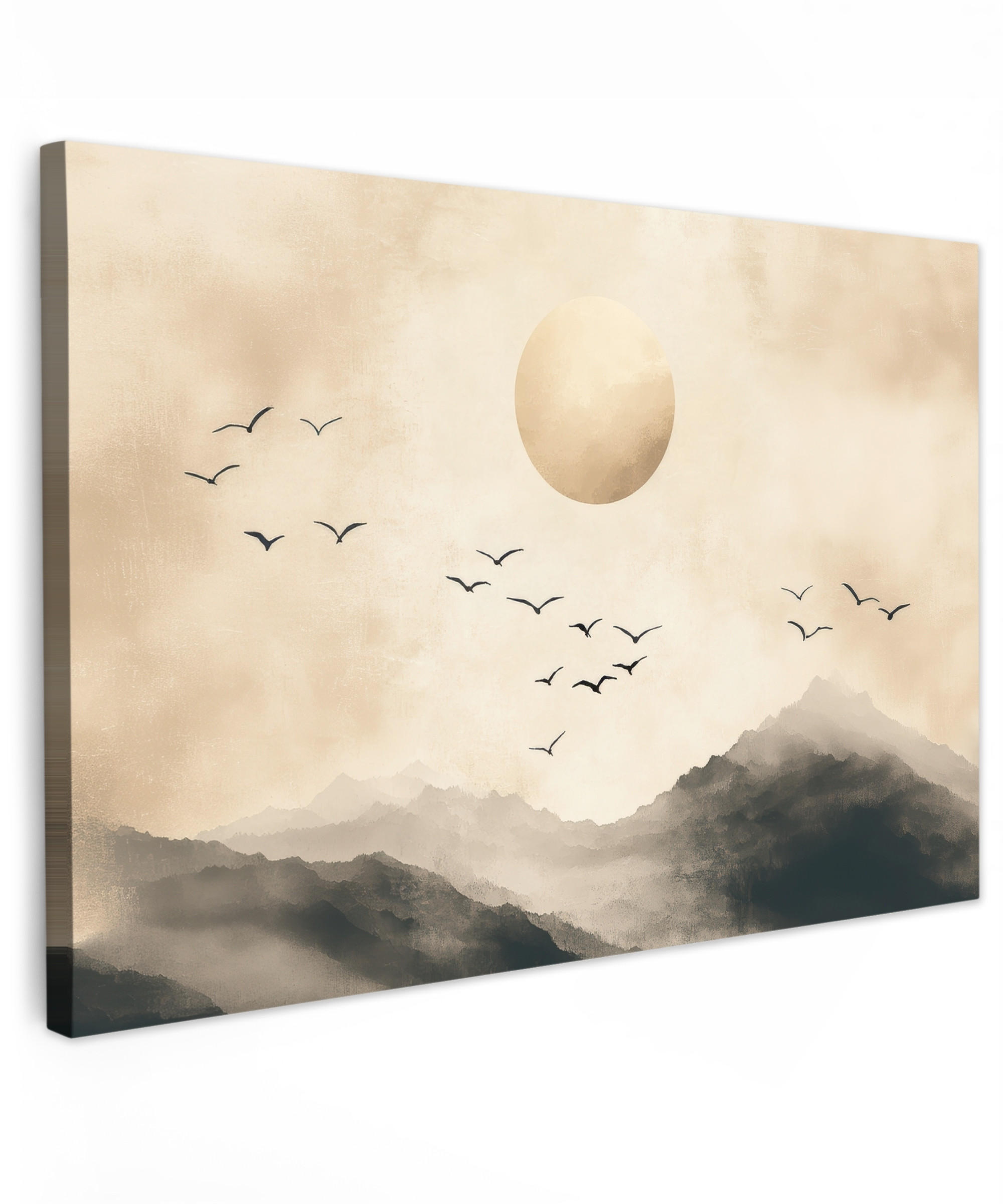 LEINWANDBILD Landschaft - Japandi - Vogel XXL 150x100 cm - Beige, Textil (150/100cm) - MuchoWow