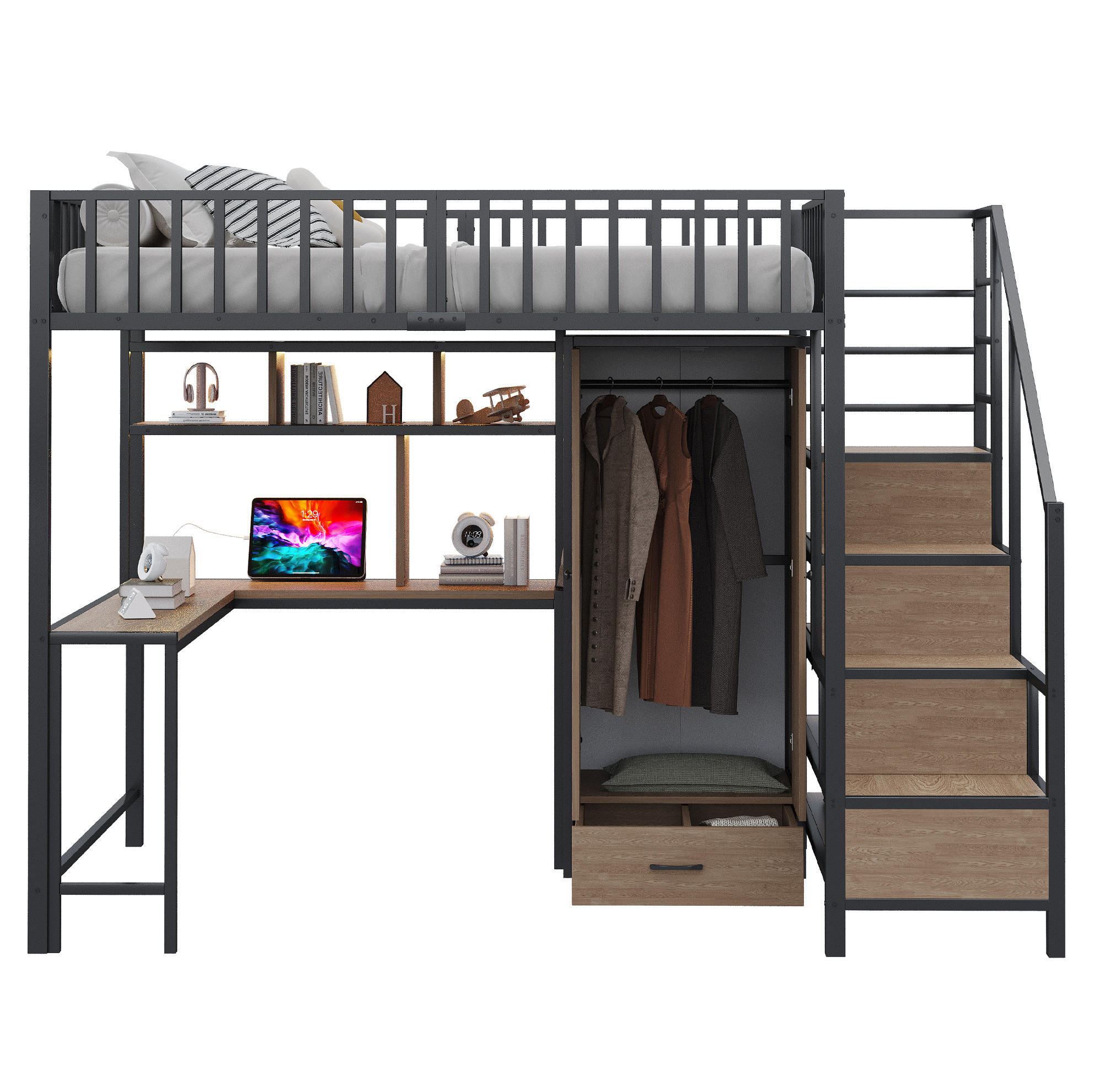 HOCHBETT 140/200 cm in Schwarz mit Schreibtisch, Kleiderschrank und LED-Beleuchtung - Schwarz, Metall (140/200cm) - Flora Grace