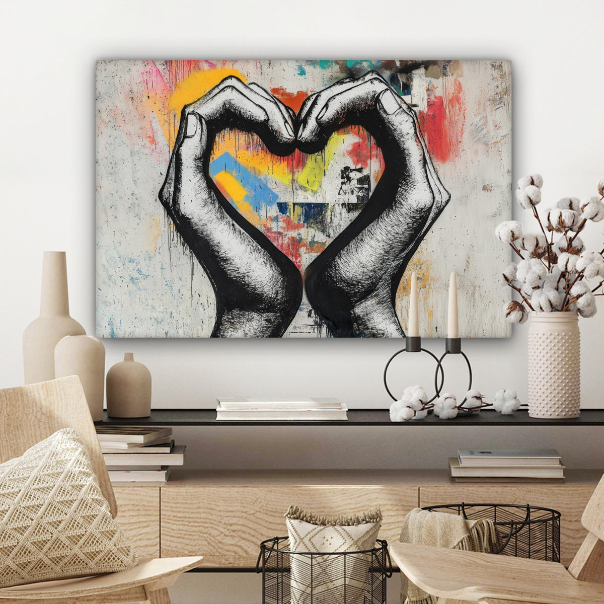OBRAZ NA PLÁTNE Ruky - Srdce - Street art - Graffiti 90x60 cm - viacfarebná, textil (90/60cm) - MuchoWow