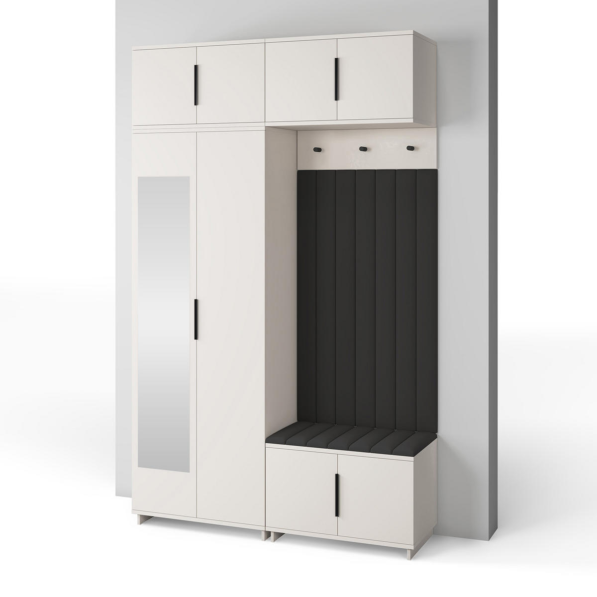 GARDEROBE Napoli version 11 mit Spiegel, mit POLSTERPANEELEN SCHWARZ - Beige/Schwarz, Holzwerkstoff (140/229/40cm) - Jerpax