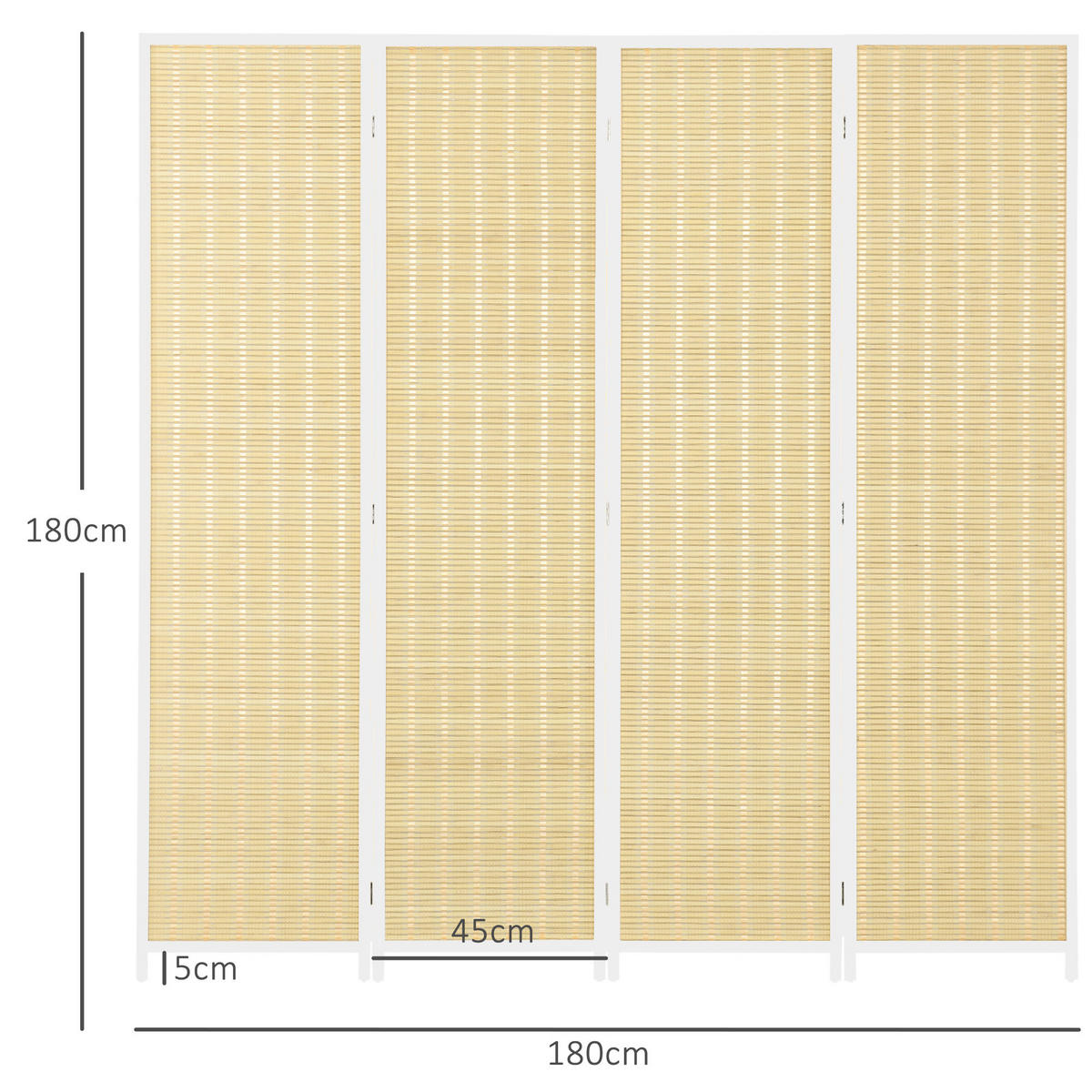 PARAVENT DE-14278 4-teilig, 180x180 cm, Faltbar Naturholz - Weiß, Naturmaterialen (180/180/1.7cm) - ComfortXL