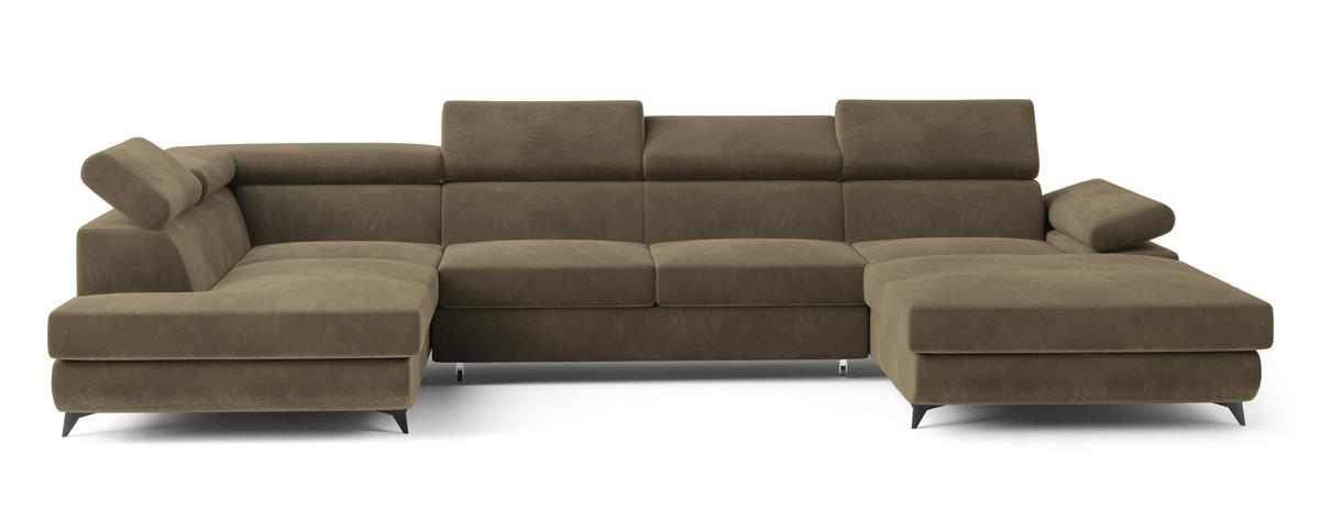 WOHNLANDSCHAFT RUBANO L-S Beige Velours-Stoff mit Schlaffunktion - Beige, Holz (339/89/190cm) - MASSENO