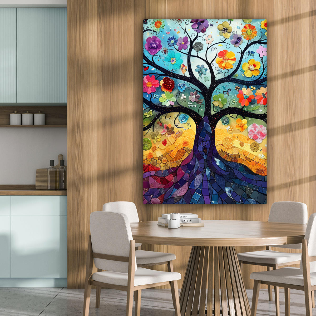 LEINWANDBILD Kunst - Baum des Lebens - Blumen - Hippie 90x140 cm - Dunkelblau, Textil (90/140cm) - MuchoWow