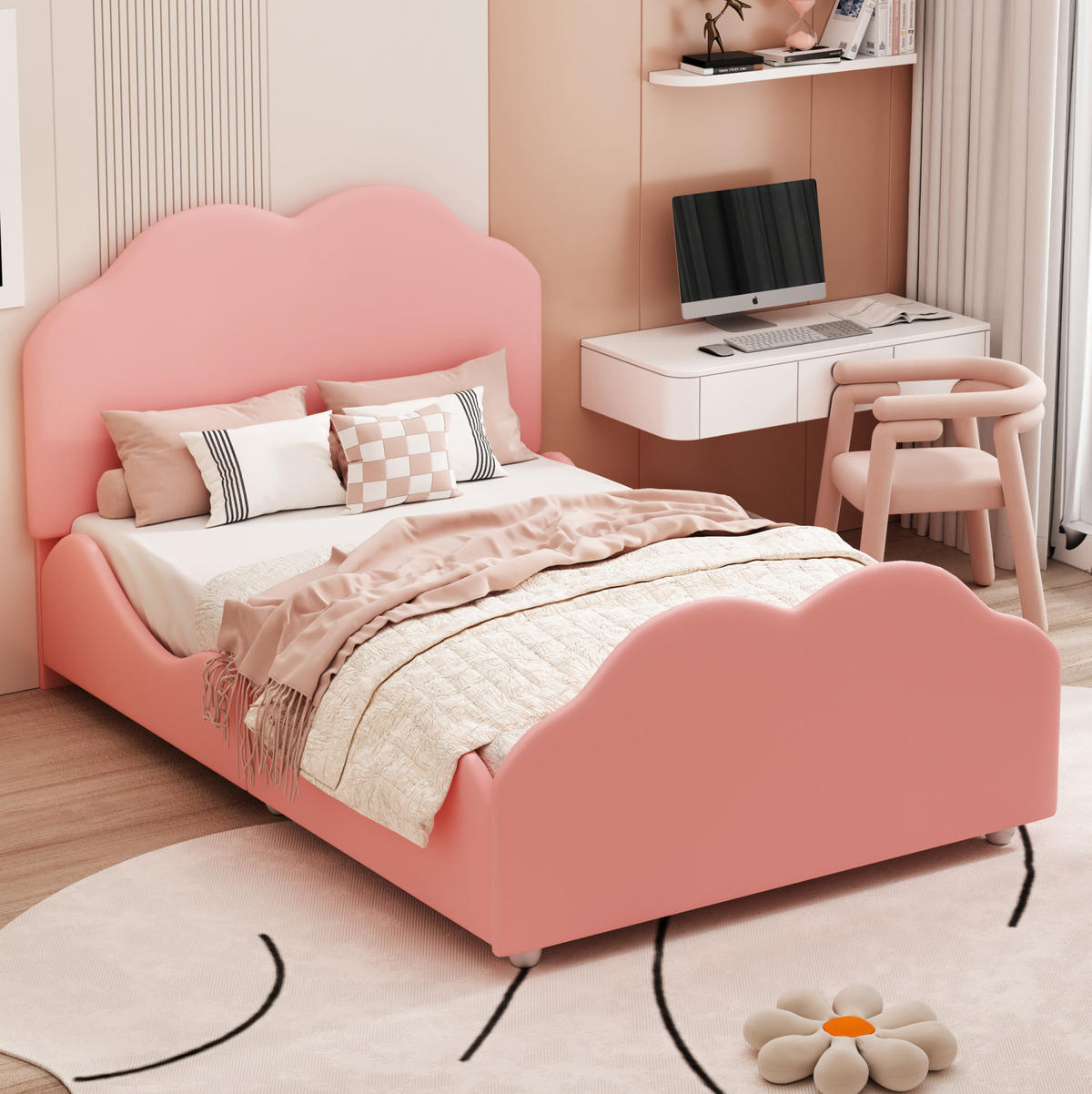 POLSTERBETT 90/200 cm rosa hohes Geländer-Kinderbett mit Wolkenkopf- und Fußteil - Pink, Textil (90/200cm) - OKWISH