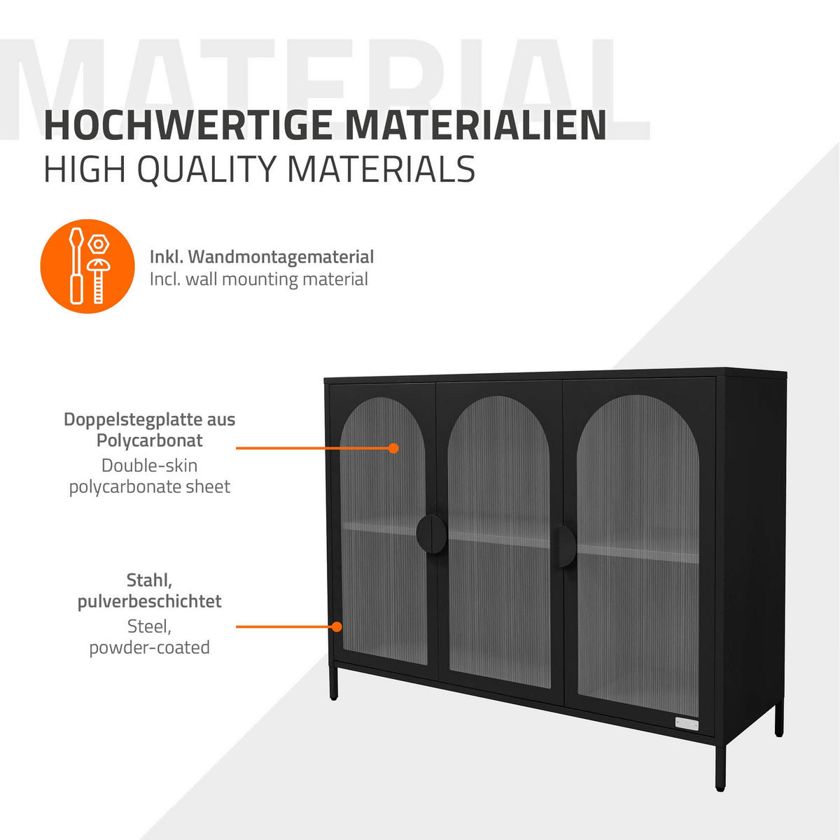 VITRINENSCHRANK aus Stahl 120x93x40 cm Schwarz mit 3 Türen - Schwarz, Metall (120/93/40cm) - ML-DESIGN