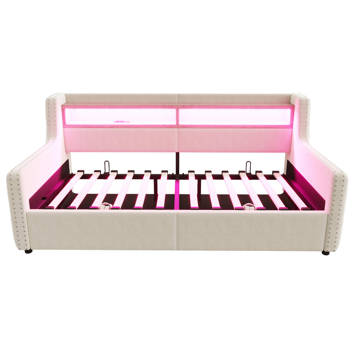 SCHLAFSOFA 90/200 cm mit LED, USB-C, Steckdose, Bettkasten und Lattenrost, Samt, Beige - Beige, Textil (104/81/216cm) - Redom