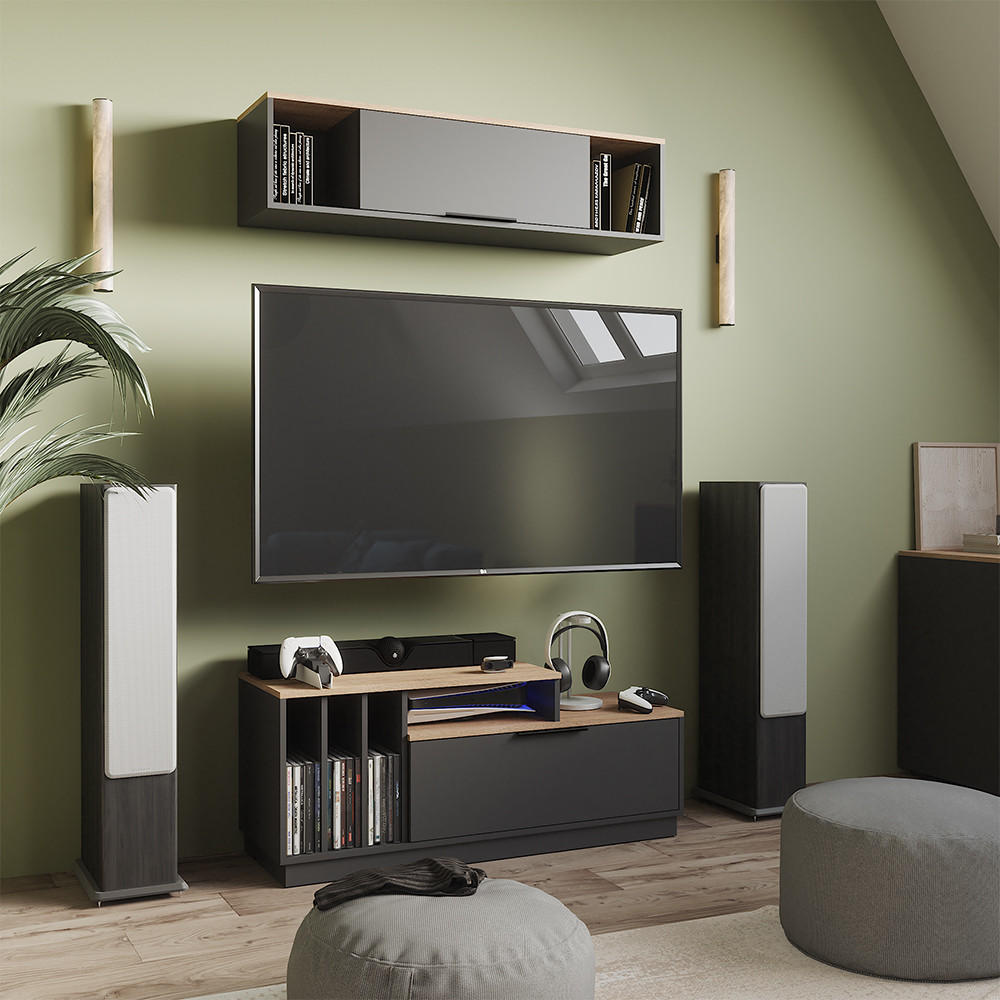 LOWBOARD Betti Anthrazit/Sonoma 120 x 49.9 cm mit 1 Tür - Anthrazit/Sonoma Eiche, Holzwerkstoff (120/49.9/40cm) - Vicco