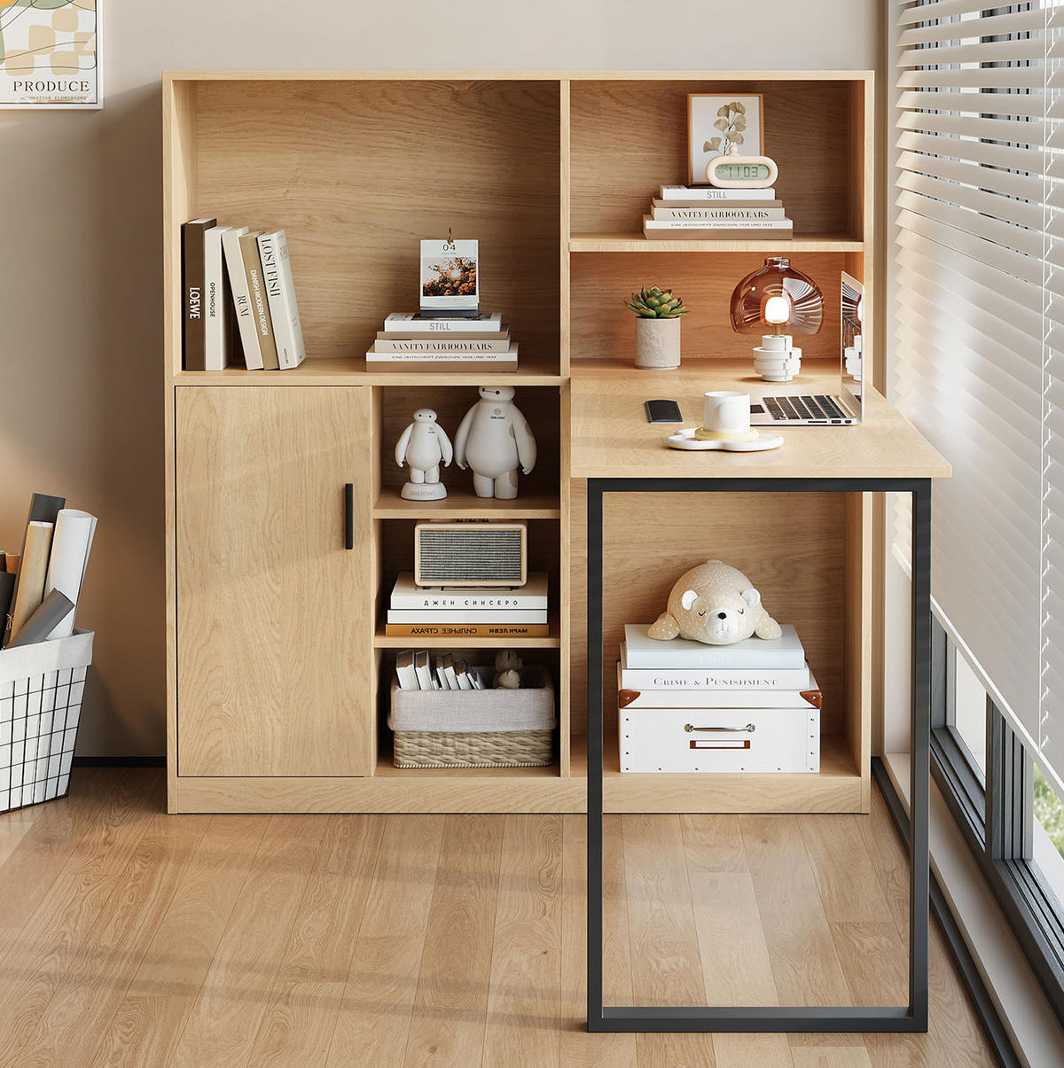 SCHREIBTISCH mit Stauraum in Natur aus MDF – mit Regal und Schrank - Naturfarben, Holzwerkstoff (50/120/120cm) - BEAOK