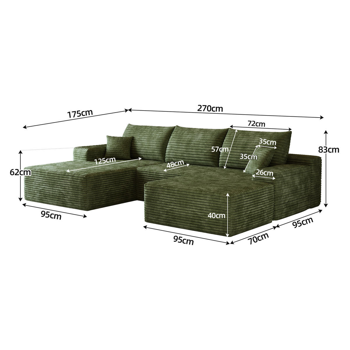 WOHNLANDSCHAFT DE-34857 U-Form 2-Sitzer Chaiselongue links Grün - Grün, Textil (175/83/270cm) - ComfortXL