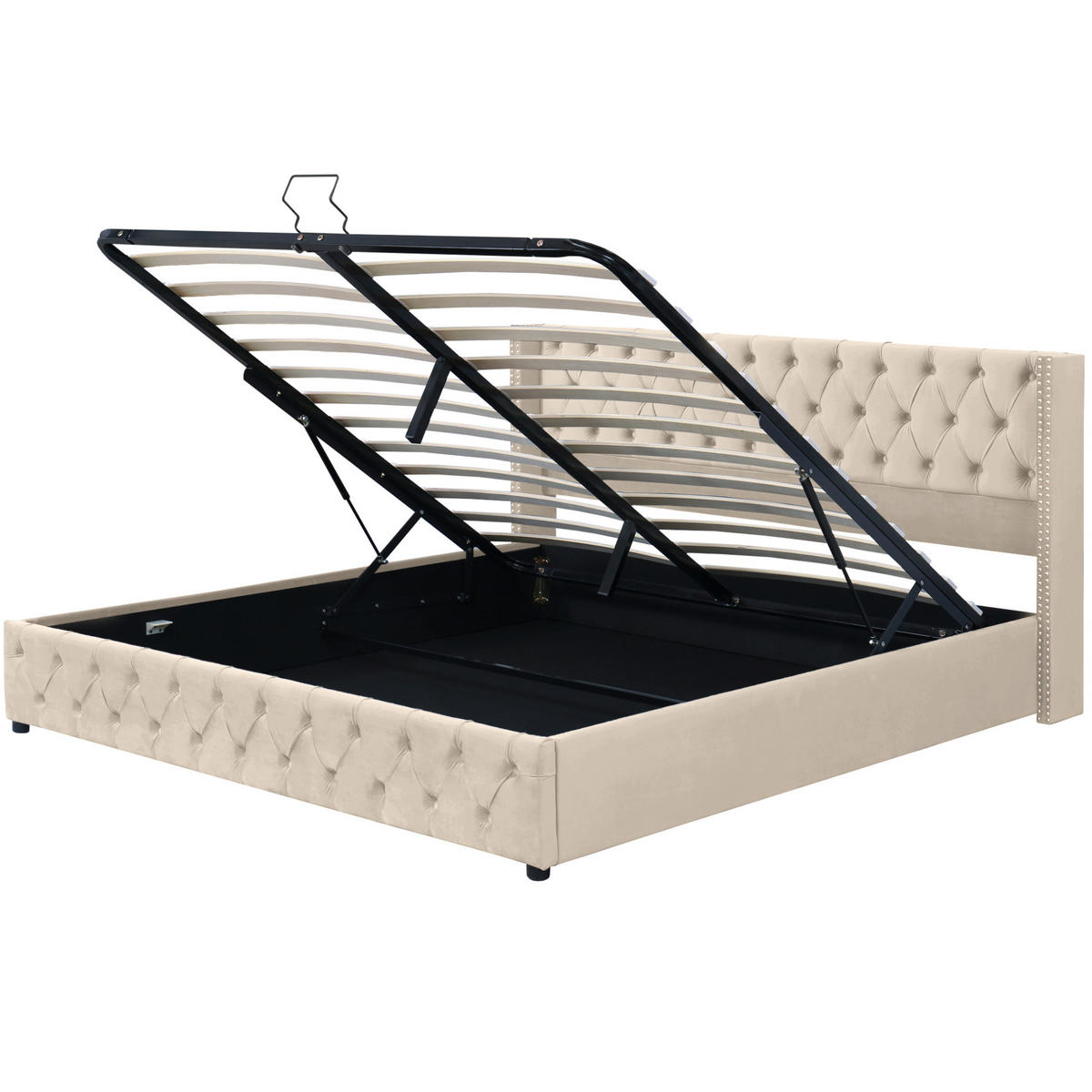 POLSTERBETT 180/200 cm mit hydraulischem Bettkasten, Chesterfield-Design und Samtbezug, Beige - Beige, Textil (180/200cm) - Redom