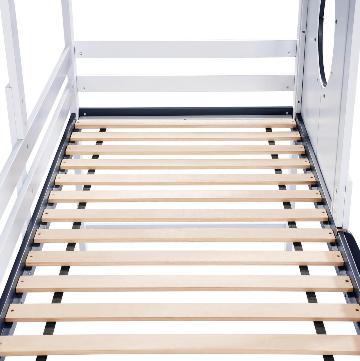 KINDEREINZELBETTEN aus Massivholz und MDF 90x200 cm in Weiß/Dunkelblau mit Dach & Fenster - Weiß, Holzwerkstoff (90/200cm) - Modfu