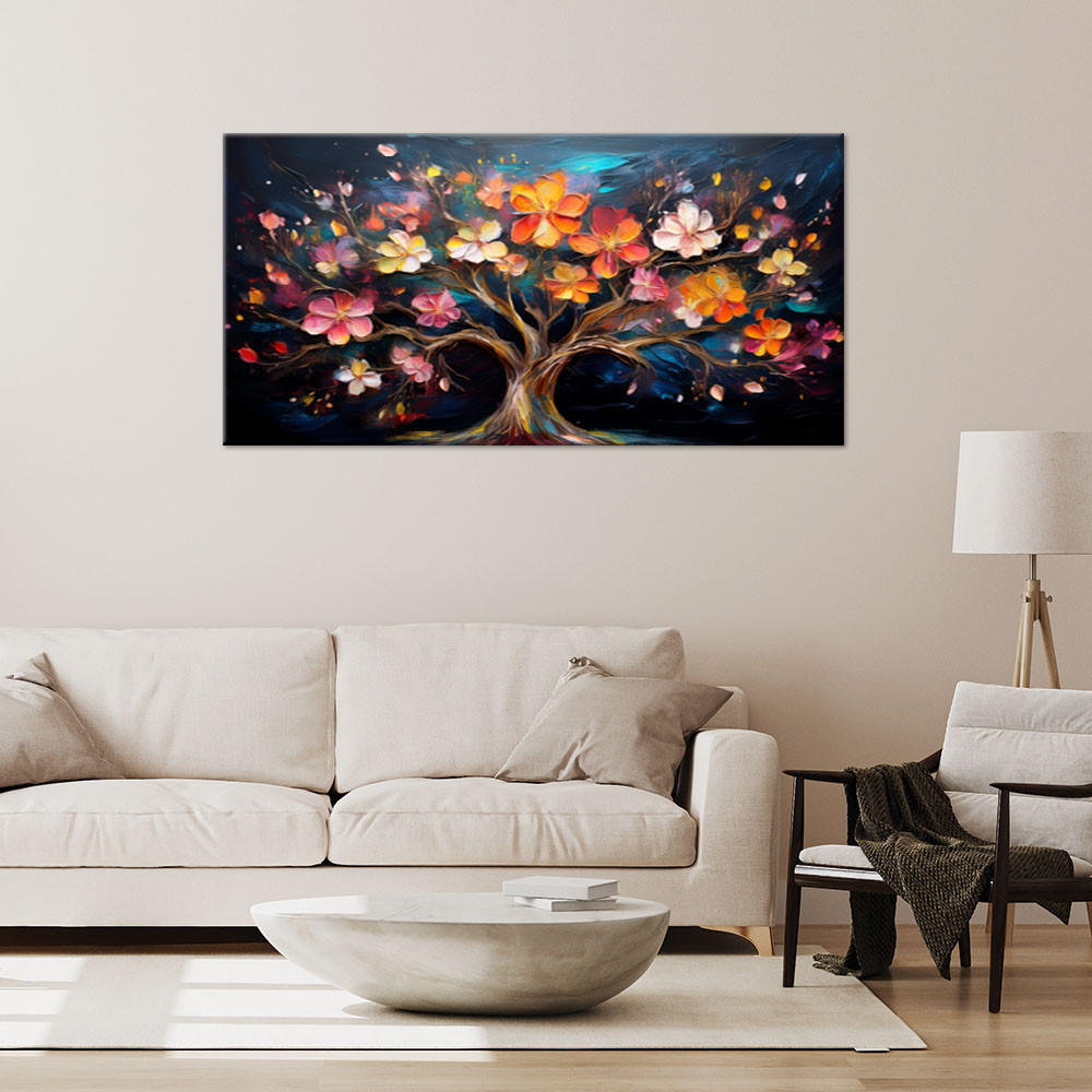 BILDER Bunte Baum des Lebens-Abstrakt Malerei Blumen 100x50cm - Multicolor, Textil (100/50cm) - Feeby