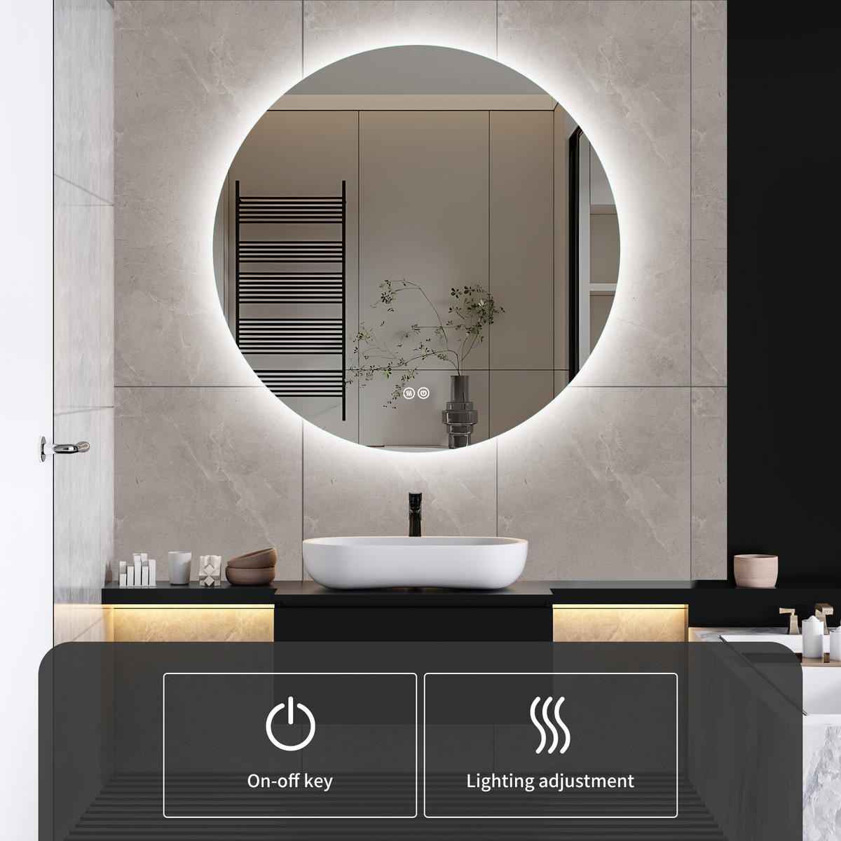 BADEZIMMERSPIEGEL mit LED, Rund 80 cm, Anti-Beschlag, 3 Anpassbare Helligkeit - Transparent, Glas (80/4/80cm)