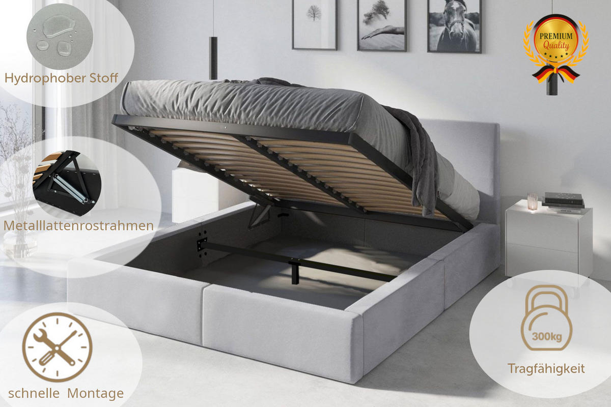 POLSTERBETT Hilton mit Stauraum - Hellgrau, Textil (120/200cm) - Interbeds