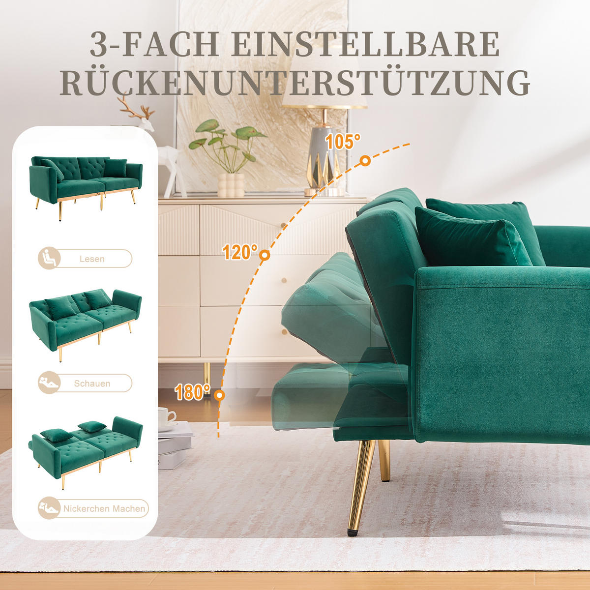 SCHLAFSOFA Zweisitzer Samt mit verstellbarer Rückenlehne Smaragdgrün 165/72,5/75 cm - Smaragdgrün, Textil (72.5/75/165cm)