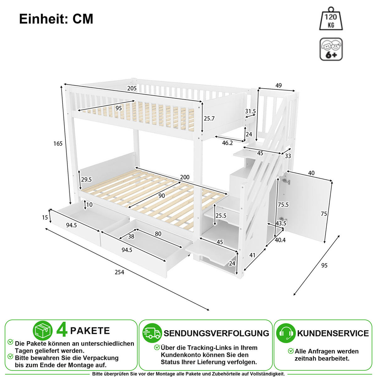 ETAGENBETT 90/200 cm in Weiß mit Schubladen, Regal, Kleiderschrank und Staufach - Weiß, Holz/Holzwerkstoff (90/200cm) - CHICFURN