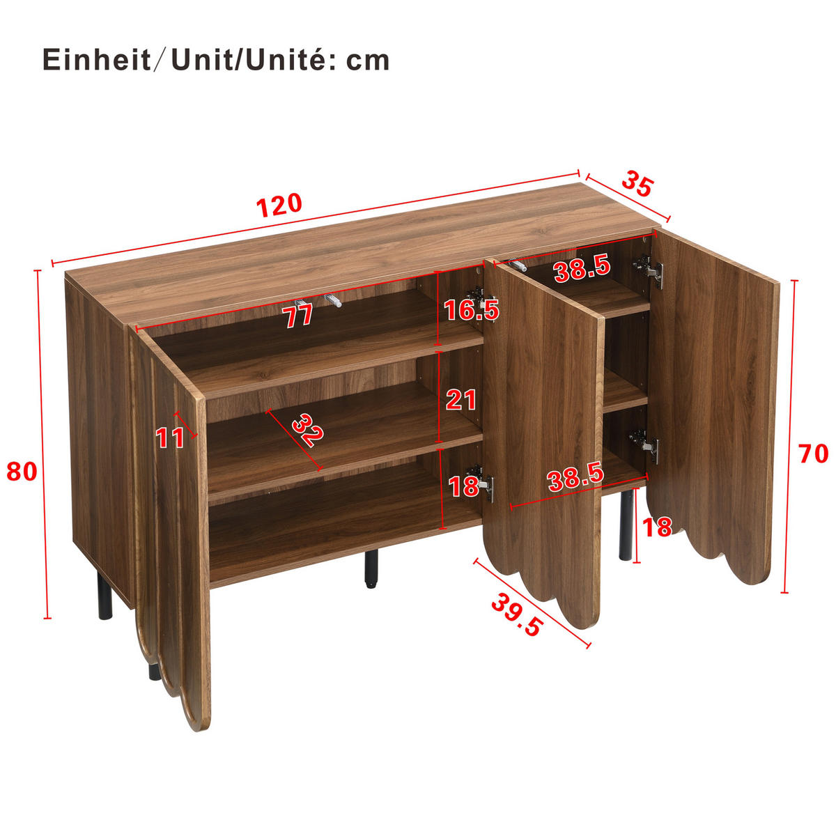 SIDEBOARD 120/35/80 cm Walnussfarben aus MDF mit Wellentüren - Naturfarben, Holzwerkstoff (35/80/120cm) - OKMYHOME