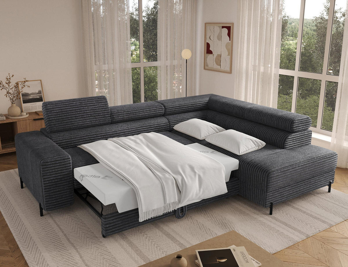 ECKSOFA COLESIO L-Form, Schlaffunktion, Bettkasten, verstellbare Kopfstützen, Wellenfederung, Metallfüße, breiter Cordstoff - Anthrazit/Schwarz, Kunststoff/Metall (204/269cm) - Wohnideebilder