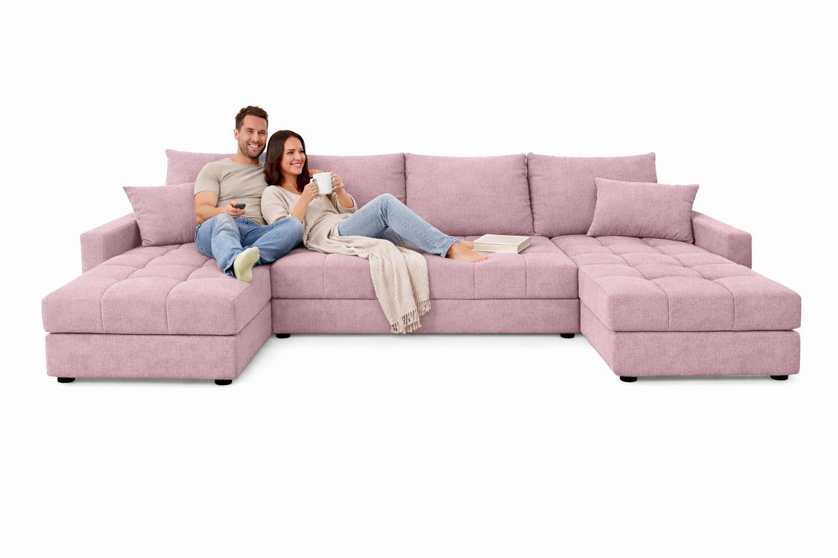 WOHNLANDSCHAFT AURELIA – Ecksofa in U-Form mit Schlaffunktion, Bettkasten & Kissen Stoff KRONOS 287 cm Rosa - Rosa, Kunststoff (287/140cm) - Wohnideebilder