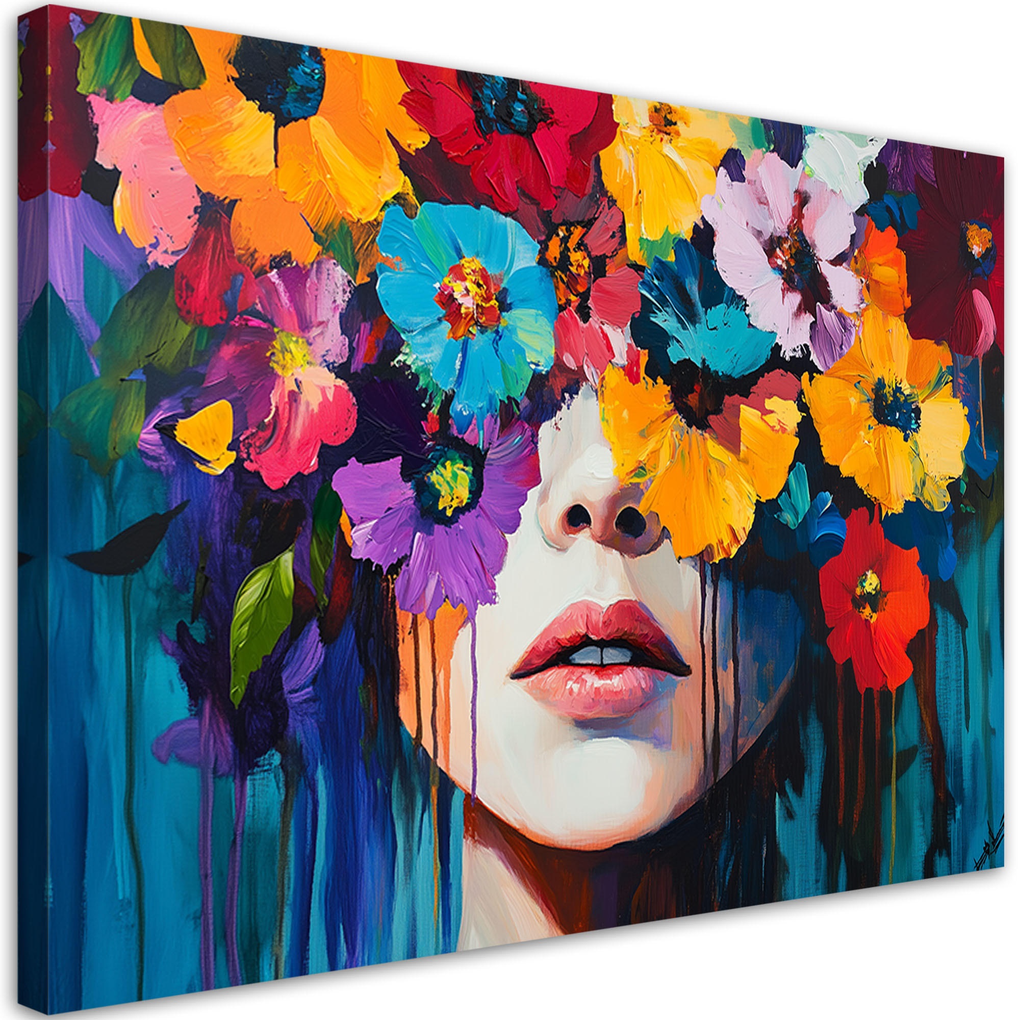 LEINWANDBILD Frau mit Blumen auf dem Kopf 100x70cm - Multicolor, Textil (100/70cm) - Feeby