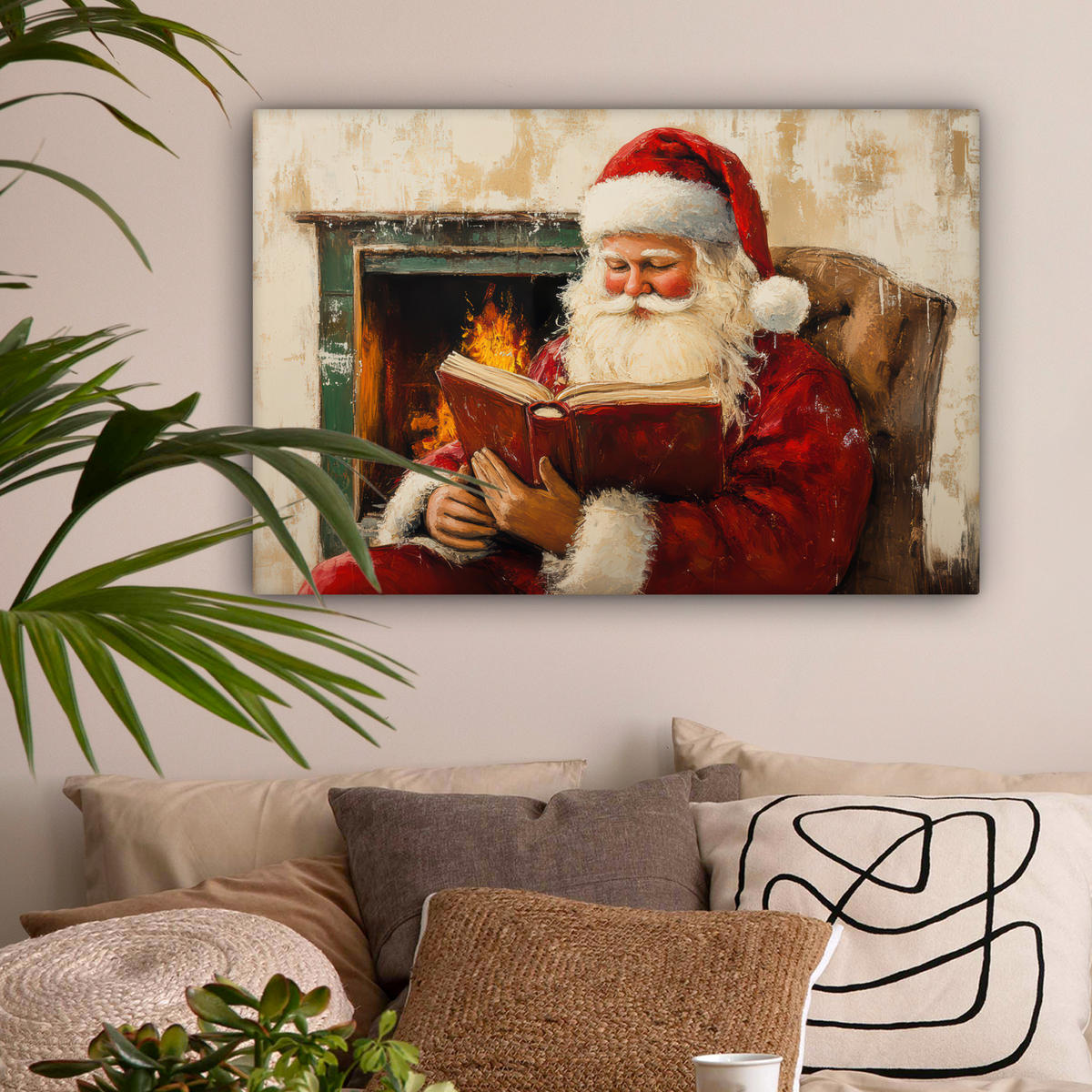 LEINWANDBILD Weihnachten - Weihnachtsmann - Winter - Open Fireside Gemälde 60x40 cm - Dunkelrot, Textil (60/40cm) - MuchoWow