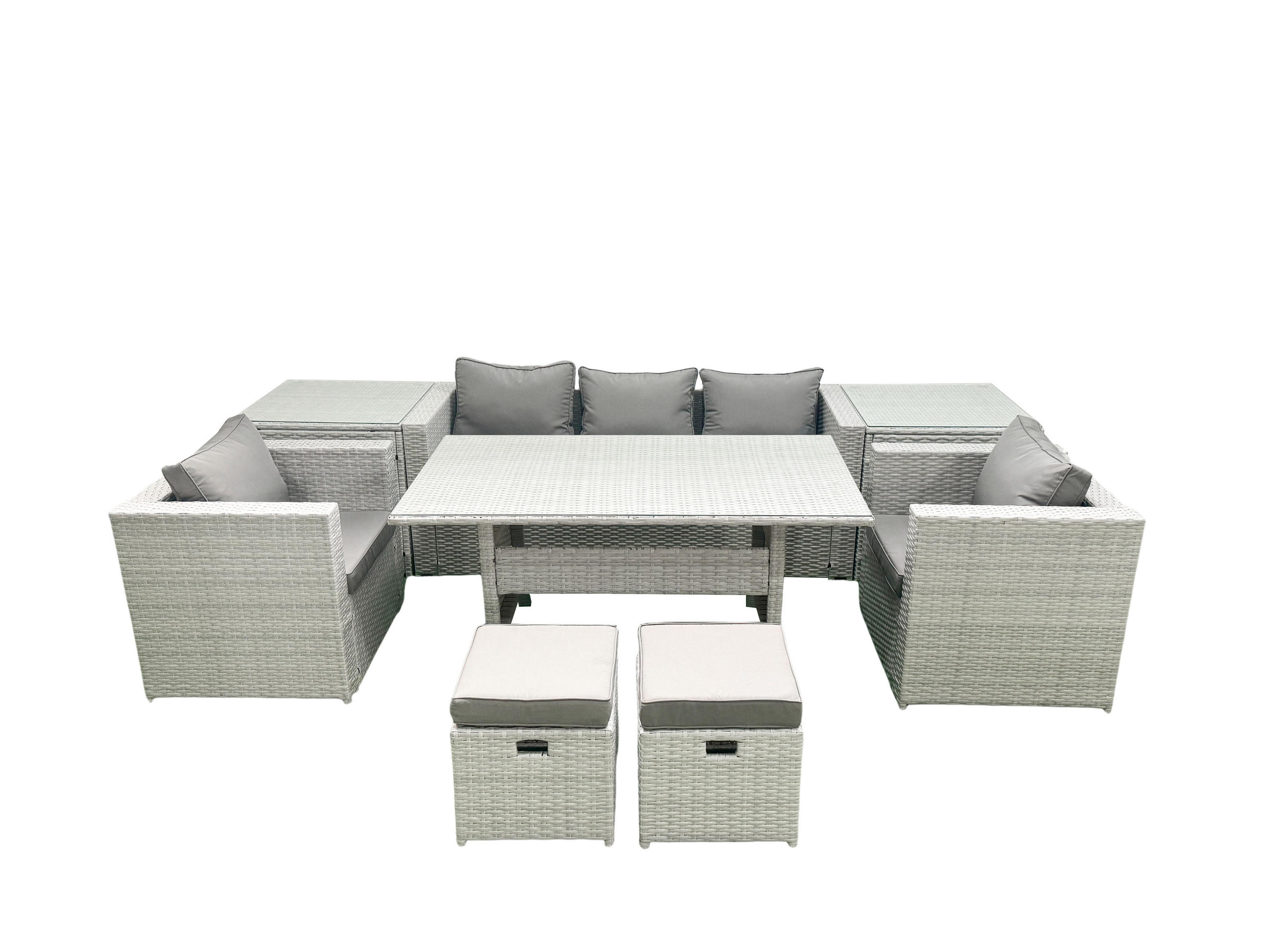 GARTENMÖBEL SET mit Sofa,2 Hockern,2 Beistelltischen Polyrattan Hellgrau 7-Sitzer - Hellgrau/Grau, Glas/Kunststoff - Fimous