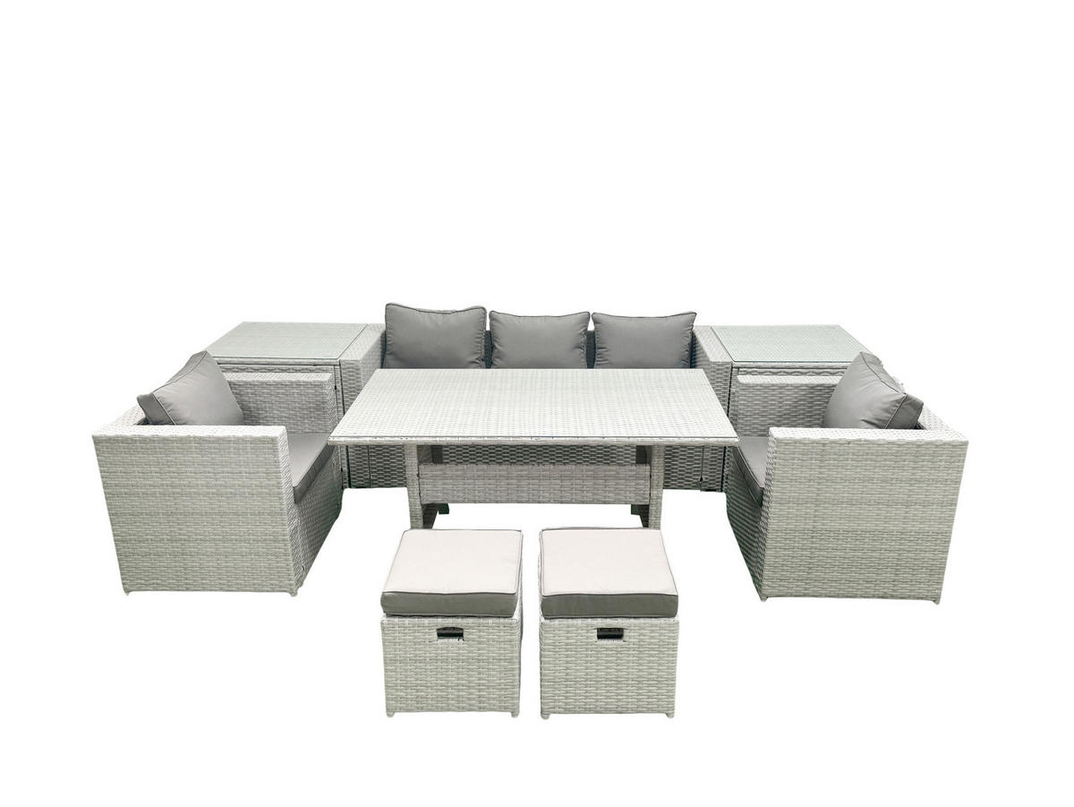 GARTENMÖBEL SET mit Sofa,2 Hockern,2 Beistelltischen Polyrattan Hellgrau 7-Sitzer - Hellgrau/Grau, Glas/Kunststoff - Fimous