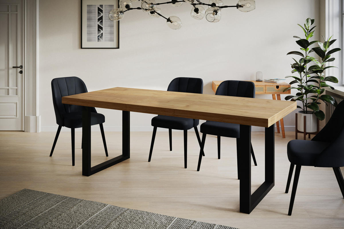 ESSZIMMERTISCH LOFT-U, ausziehbarer Tisch 120-220X80X77 cm, Farbe: CRAFT, mit Metallbeinen in Farbe Schwarz - Schwarz/Braun, Holzwerkstoff (120/80/77cm) - Alpi-Möbel