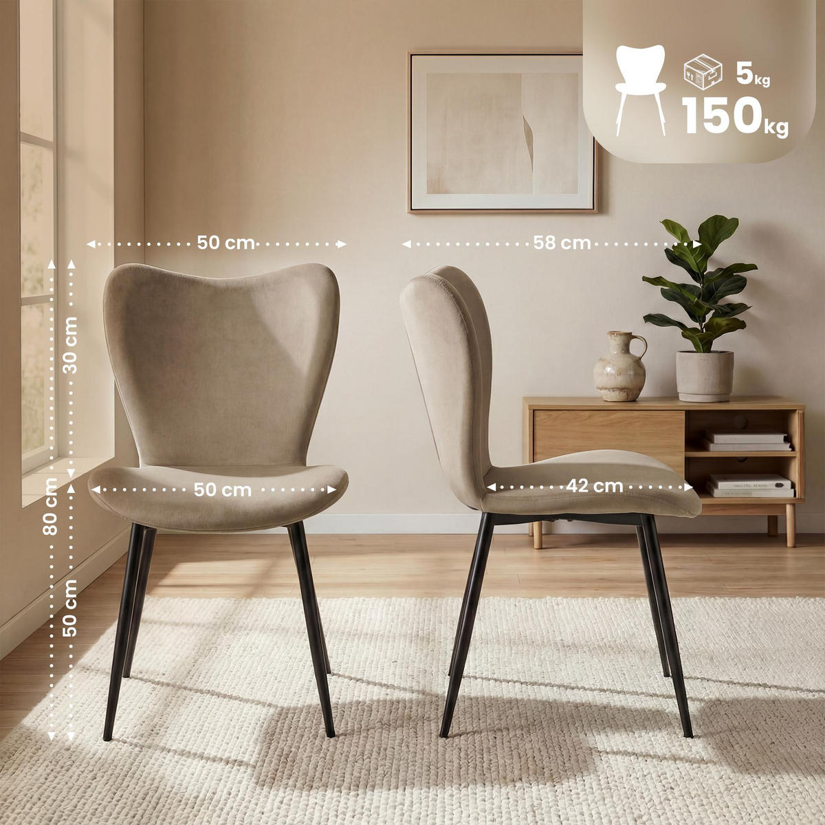 ESSZIMMERSTUHL 2 Samt Taupe - Taupe/Schwarz, Textil/Metall (50/80/58cm) - CLP
