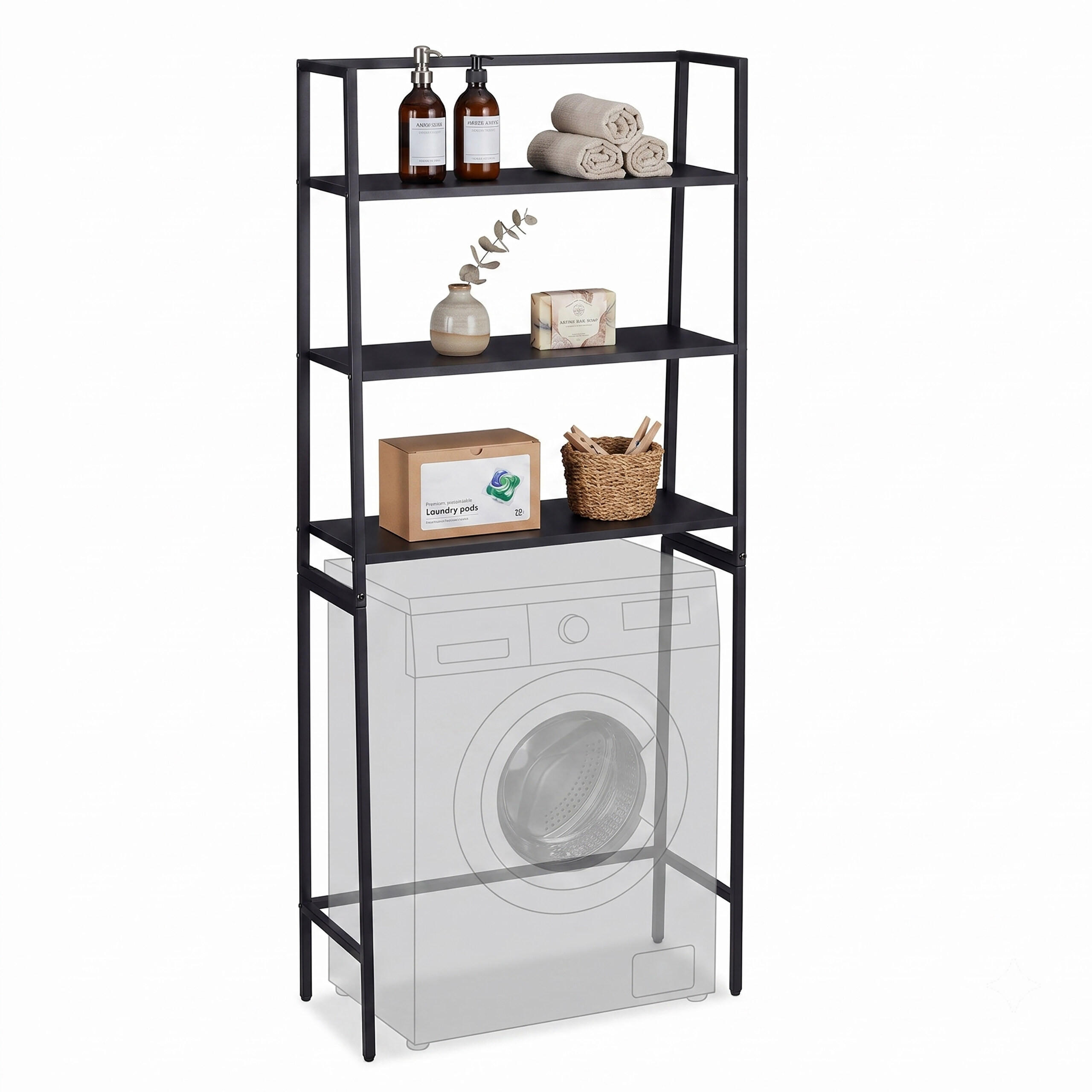 WASCHMASCHINENREGAL Schwarz 3 Ablagen MDF Metall - Schwarz, Holzwerkstoff/Metall (65/157/28cm) - Relaxdays