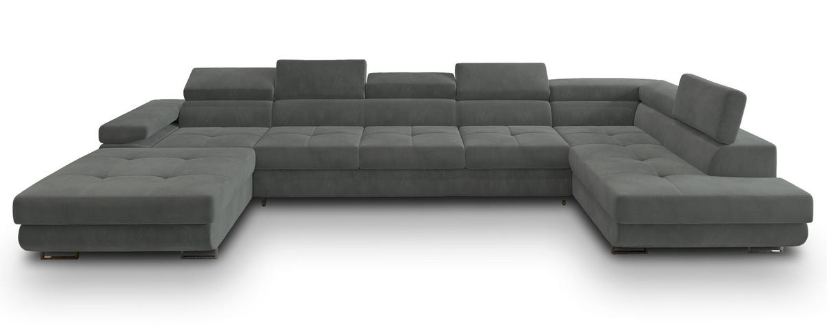 WOHNLANDSCHAFT TORIVA R-S Grau Velours-Stoff mit Schlaffunktion - Grau, Holz (418/90/202cm) - MASSENO