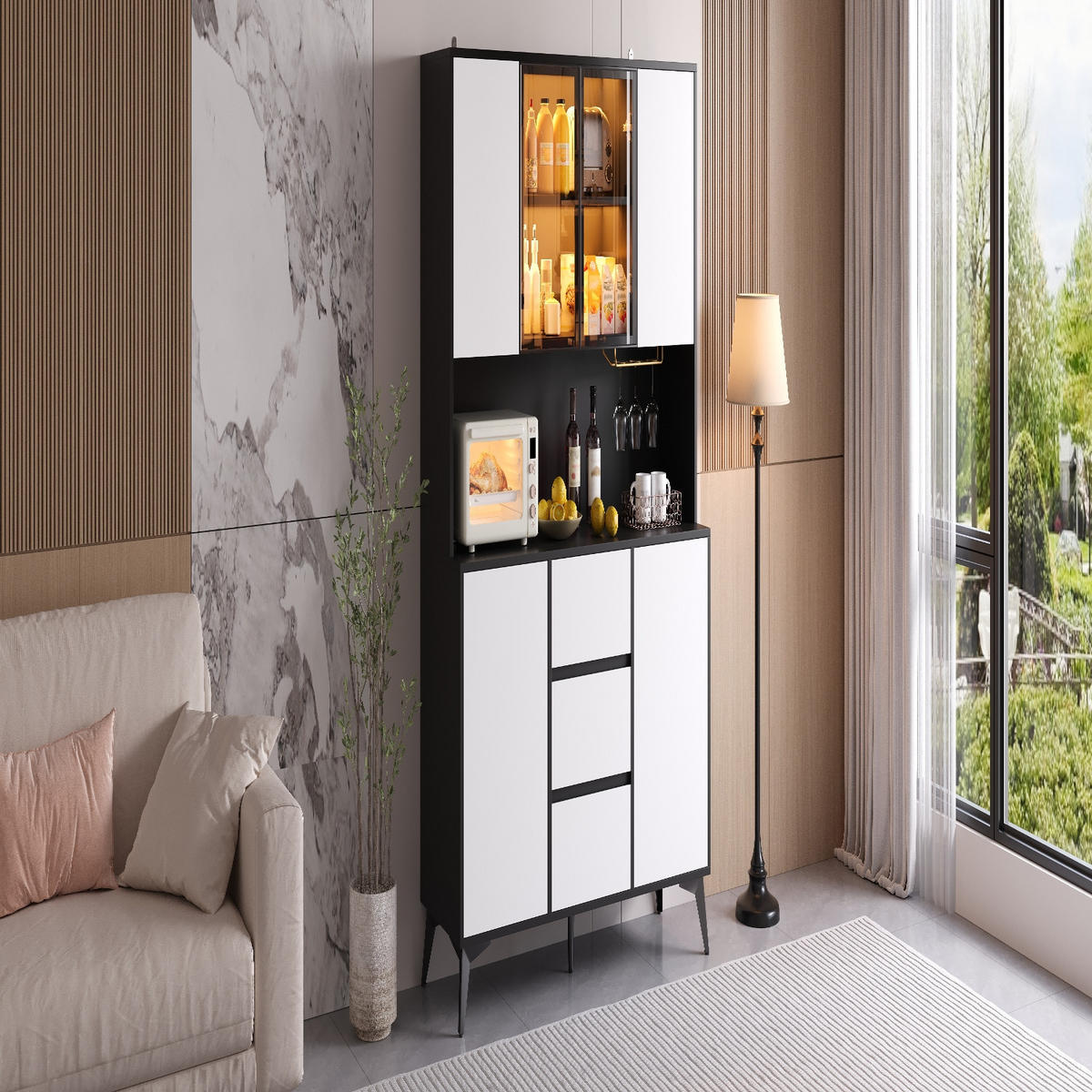 KÜCHENSCHRANK, 120/160/40 cm, MDF, Schwarz-Weiß, APP-GESTEUERTE LED-BELEUCHTUNG, für Esszimmer - Schwarz, Holzwerkstoff (40/160/120cm) - Rolipo