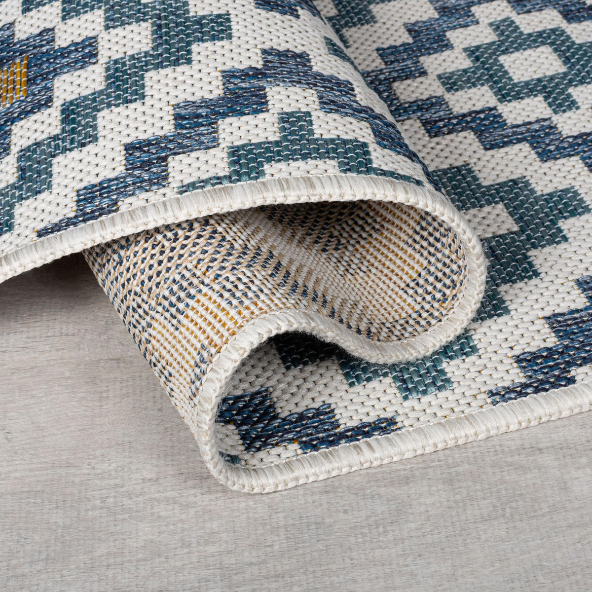 TEPPICH Outdoor Rauten Muster, Geometrisch, Balkon schmutzabweisend Blau-Gelb Rechteckig 160x230 - Blau, Textil (160/230cm) - KADIMA DESIGN