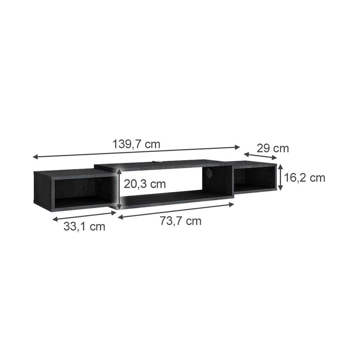 TV-SCHRANK Nordic Schwarz Beton 139.7 x 20.3 cm mit offenen Regalen - Schwarz, Holzwerkstoff (139.7/20.3/29cm) - Vicco