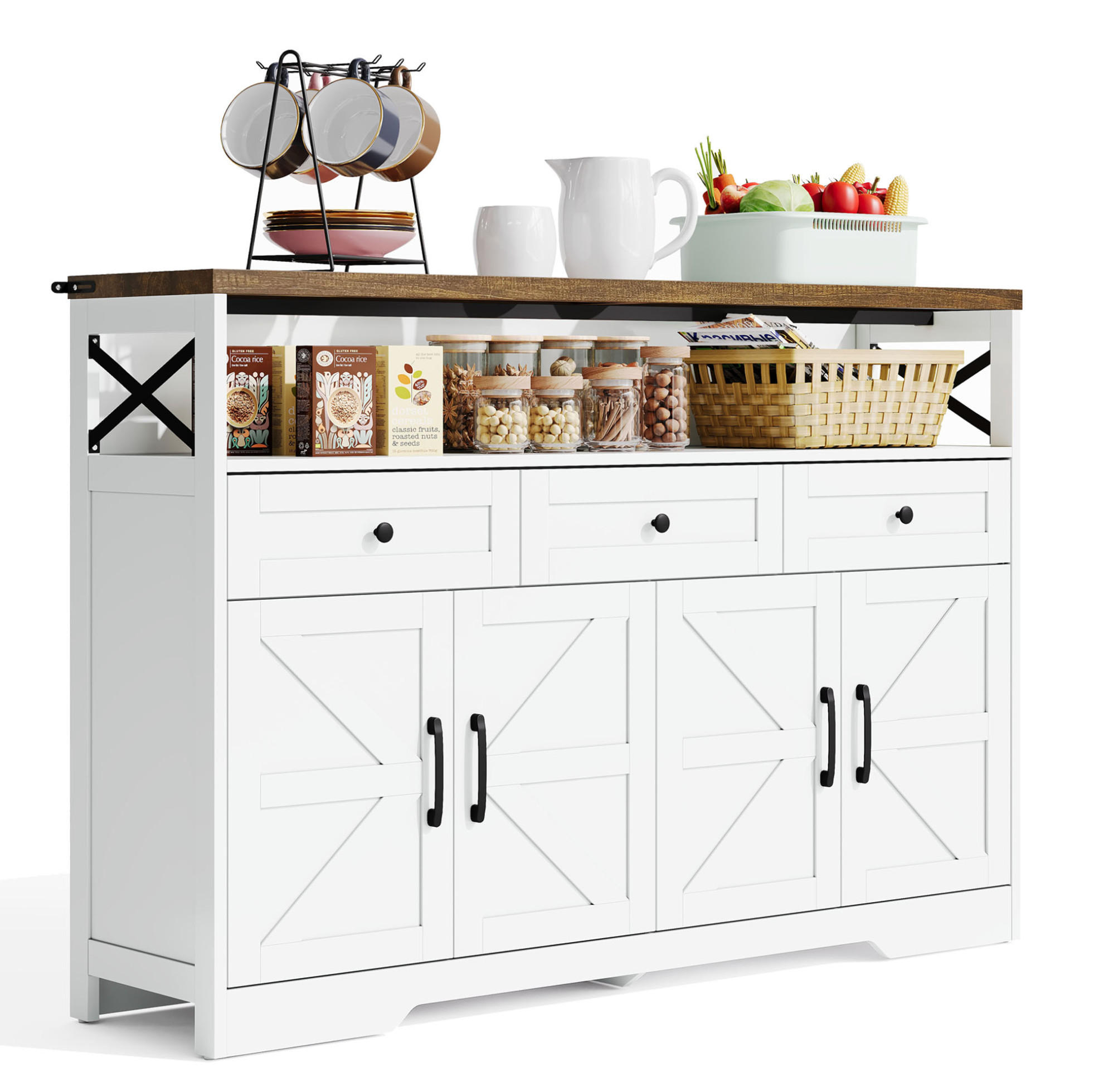 Redom BUFFET 140/35/95 cm s úložným prostorem, 3 zásuvkami a 2 skřínkami, rustikální design, Hnědá/Bílá