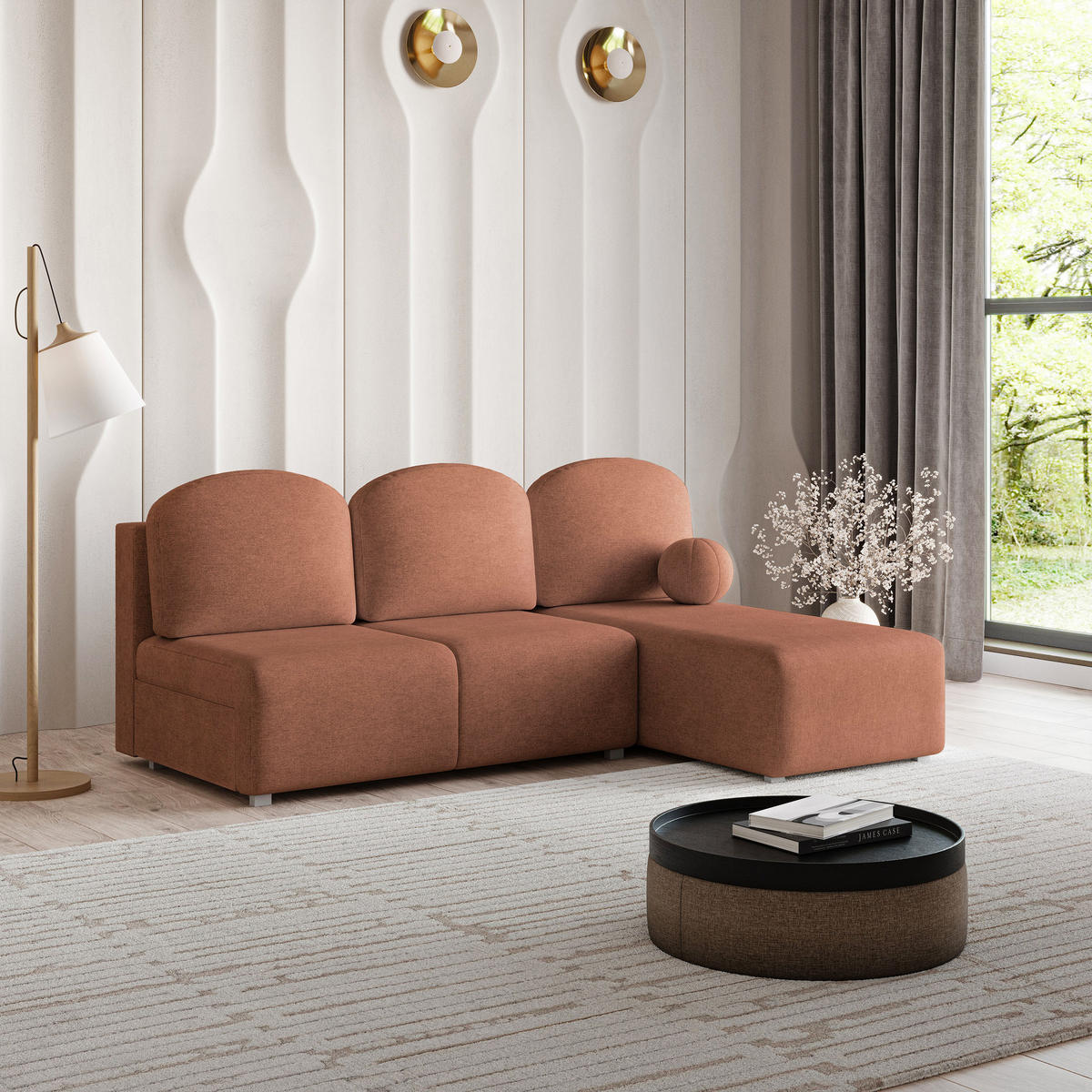 ECKSOFA TRAMA Kupferfarben Geflochtener Stoff mit Schlaffunktion - Kupferfarben, Holz (200/143cm) - MASSENO