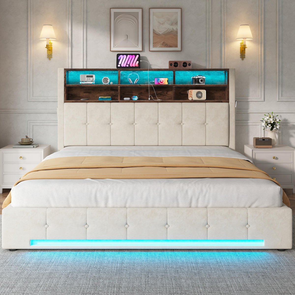 POLSTERBETT 160/200 cm in Beige mit 6 Fächern, Seitentaschen, USB-C, LED und Bettkasten aus Samt - Beige, Holzwerkstoff/Textil - STILVORA