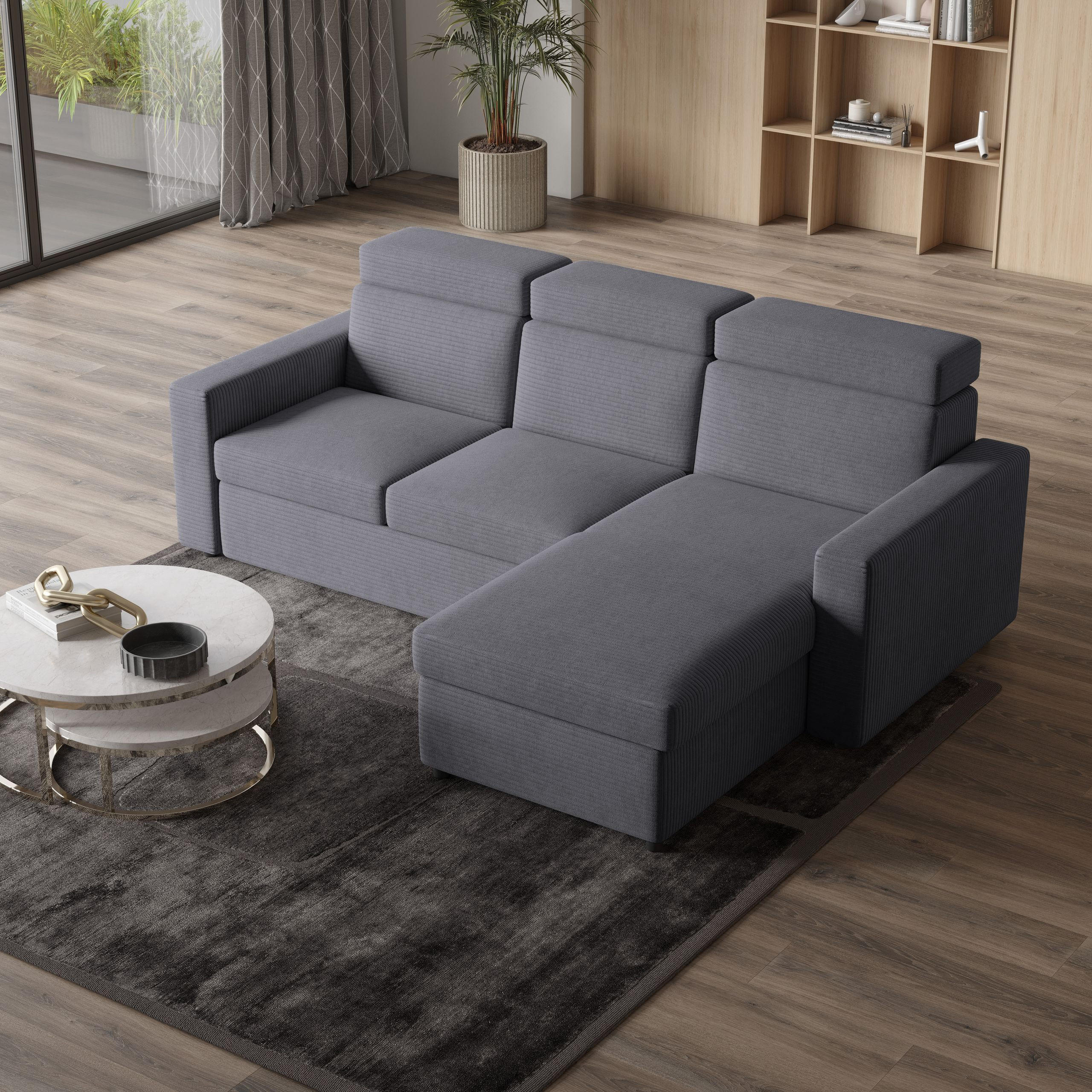 ECKSOFA PADWA Grau Kordstoff mit Schlaffunktion - Grau, Holz (227/168cm) - MASSENO