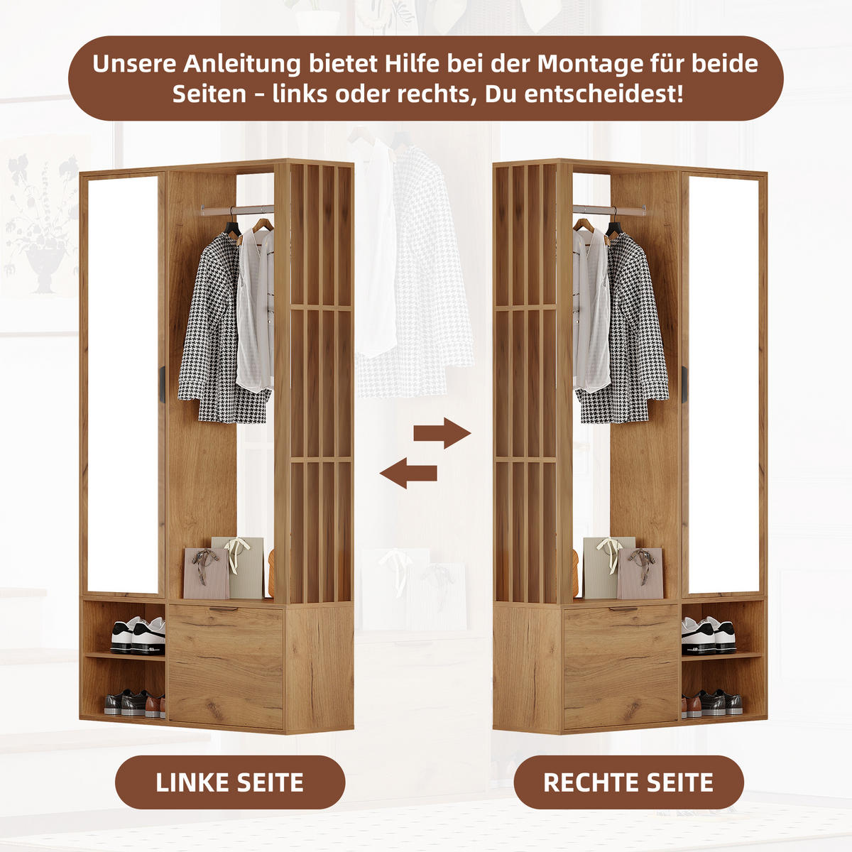 GARDEROBENSCHRANK 6 in 1 Spiegel 100cm Flur Holzfarbe - Naturfarben, Holzwerkstoff (100/190/33cm) - FLIEKS