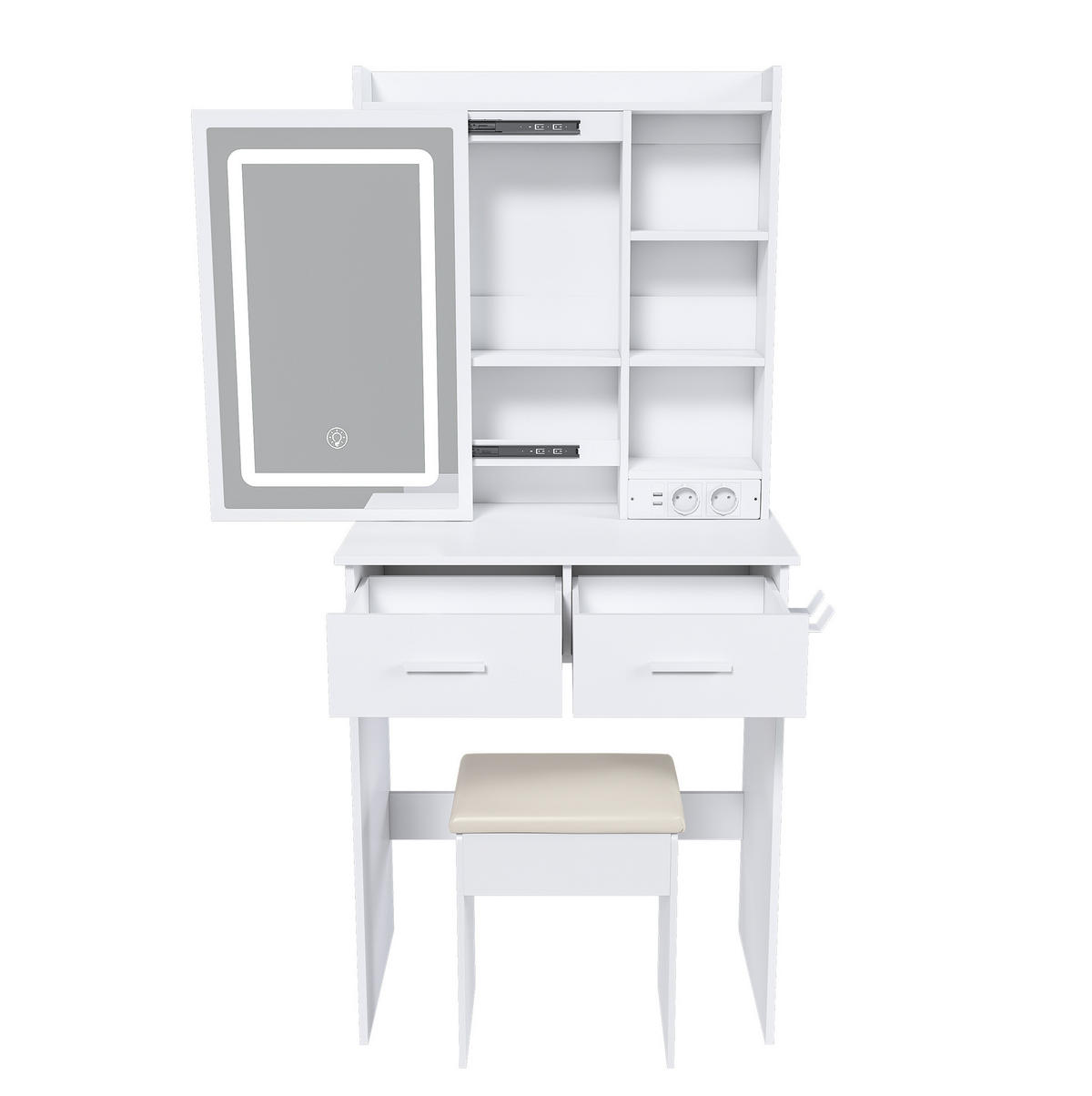 TOALETNÍ stolek 81/54/16 cm s LED osvětlením, USB porty, zásuvkami a taburetem, Bílá - bílá, kompozitní dřevo (60/136/36cm) - Redom