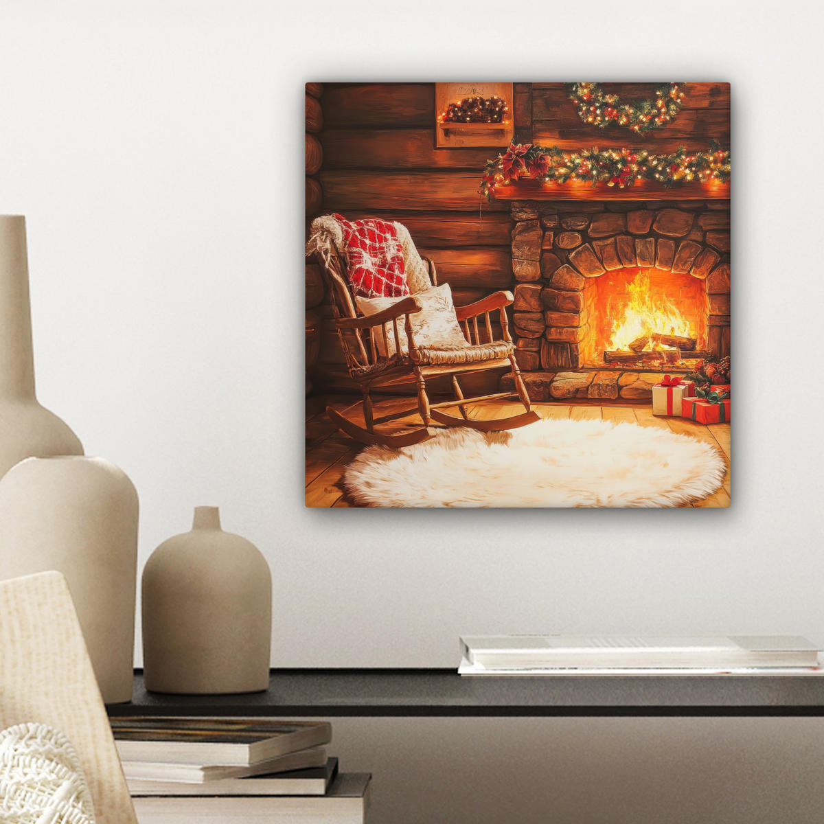 LEINWANDBILD Winter - Weihnachten - Zuhause - Kamin Deko Wohnzimmer 20x20 cm - Bernsteinfarben, Textil (20/20cm) - MuchoWow