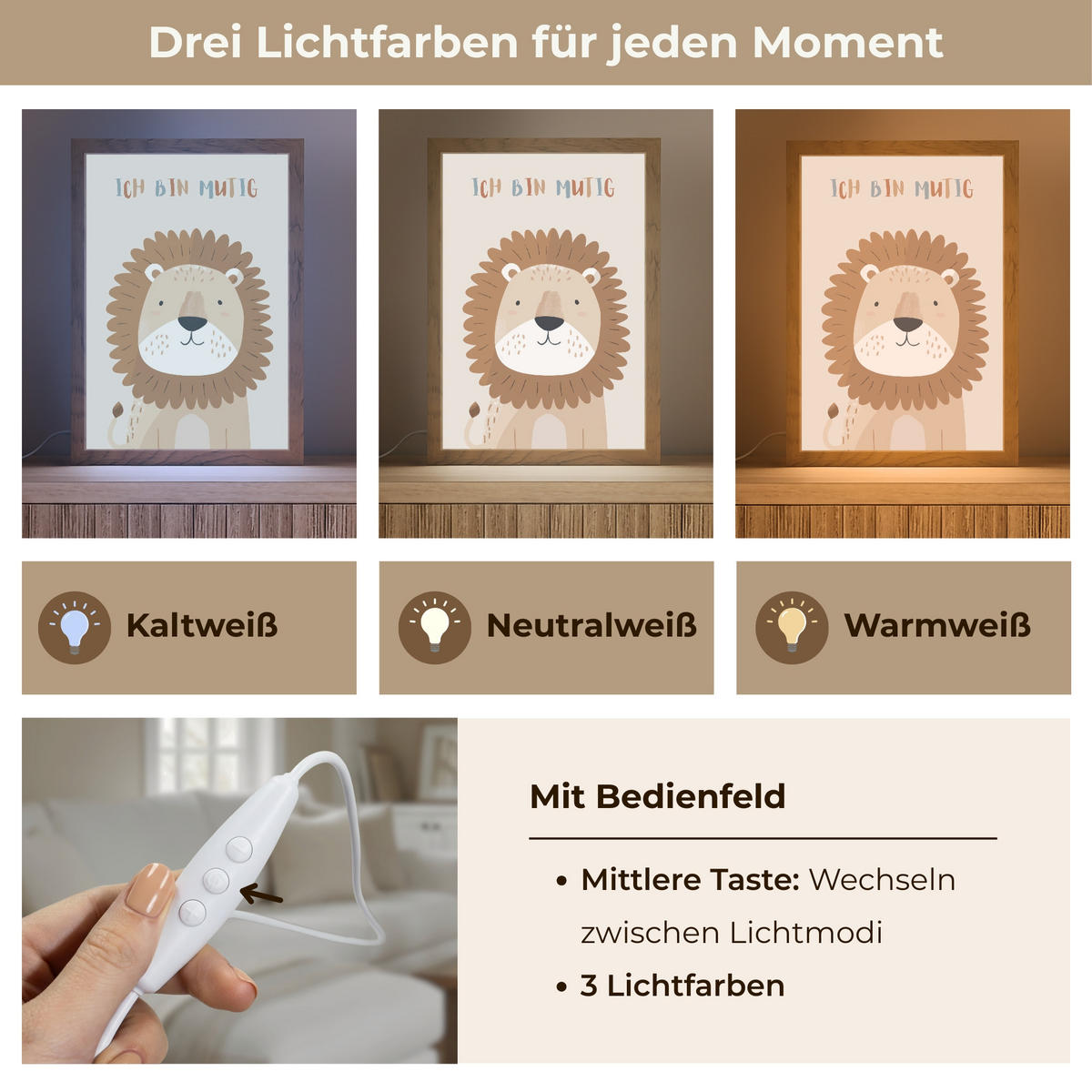 WANDLEUCHTE Löwe - Beige - Tier - Mutig - Zitat 20x30 cm - Beige, Holzwerkstoff (20/30/8cm) - OnlyWow
