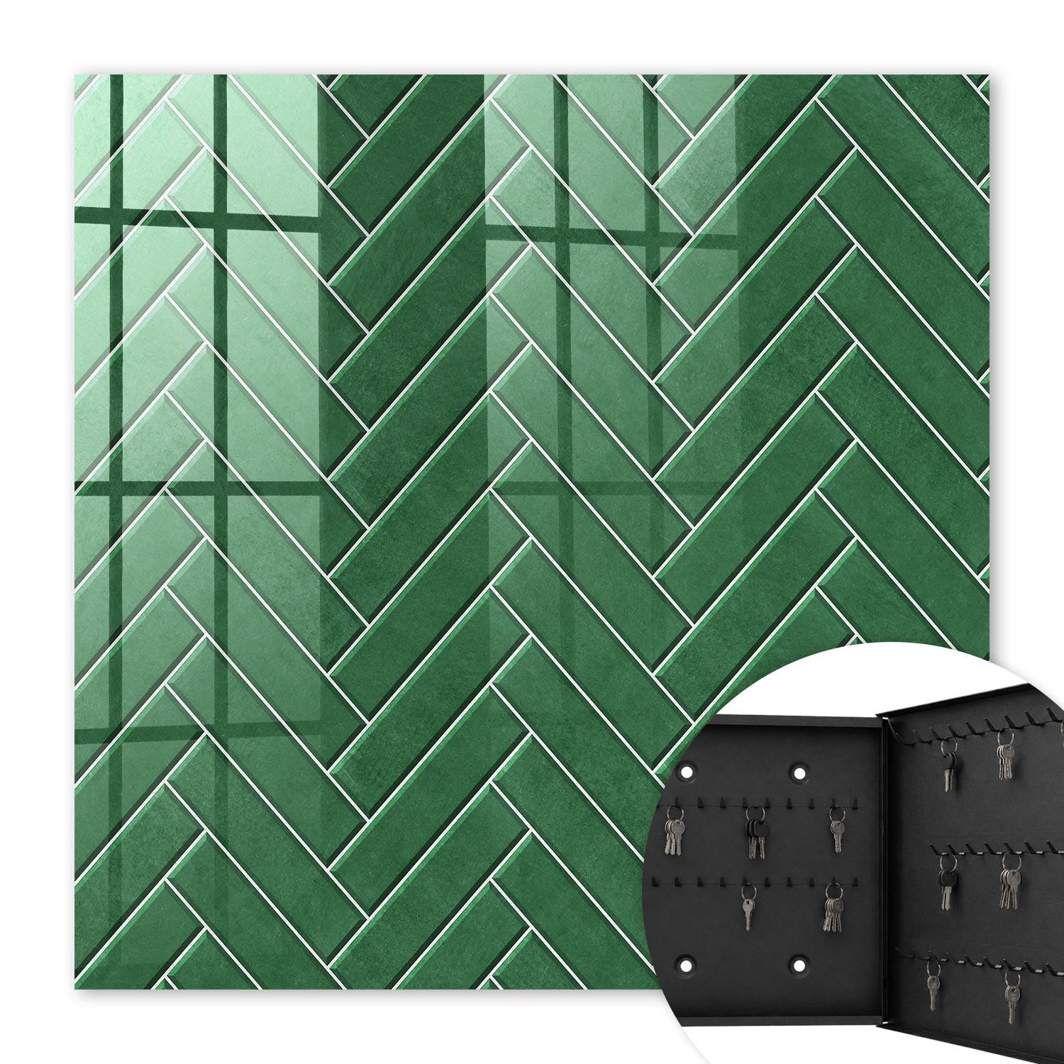 SCHLÜSSELBOX Schwarz 30x30 cm- Türöffnung nach rechts - Grünes Fischgrätmuster - Grün, Metall (30/30/5cm) - TULUP