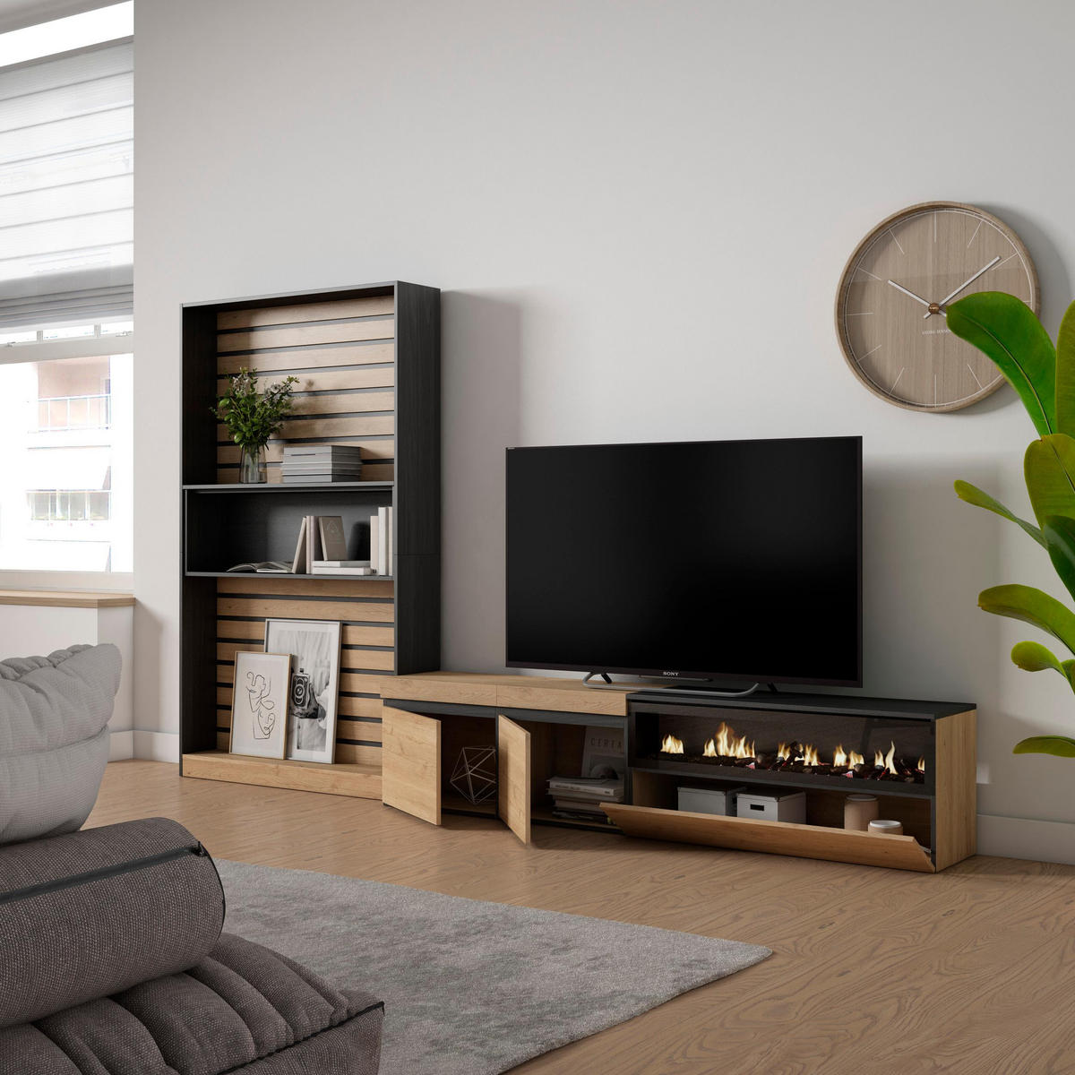 WOHNWAND Wohnzimmer, eiche, schwarz, Elektrokamin,, 310/35/186cm - Eichefarben/Beige, Holzwerkstoff (310/186/35cm) - Skraut Home