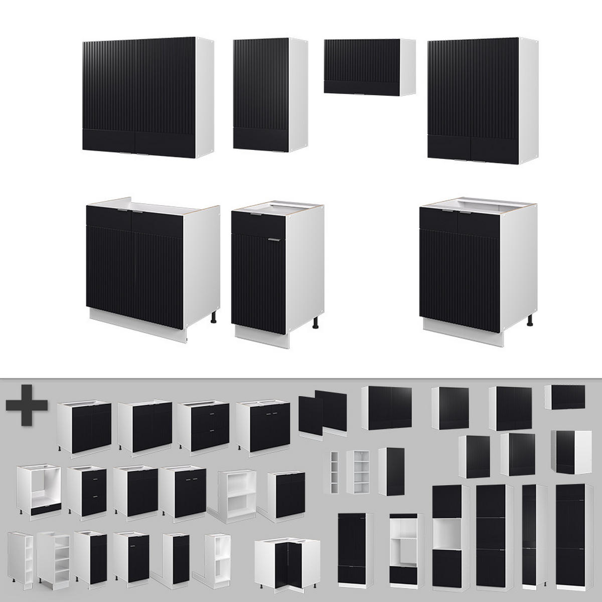 KÜCHENZEILE Fame-Line, Schwarz gestreift/Weiß, 240 cm, AP Eiche - Schwarz/Weiß, Holzwerkstoff (240/81.6/60cm) - Vicco