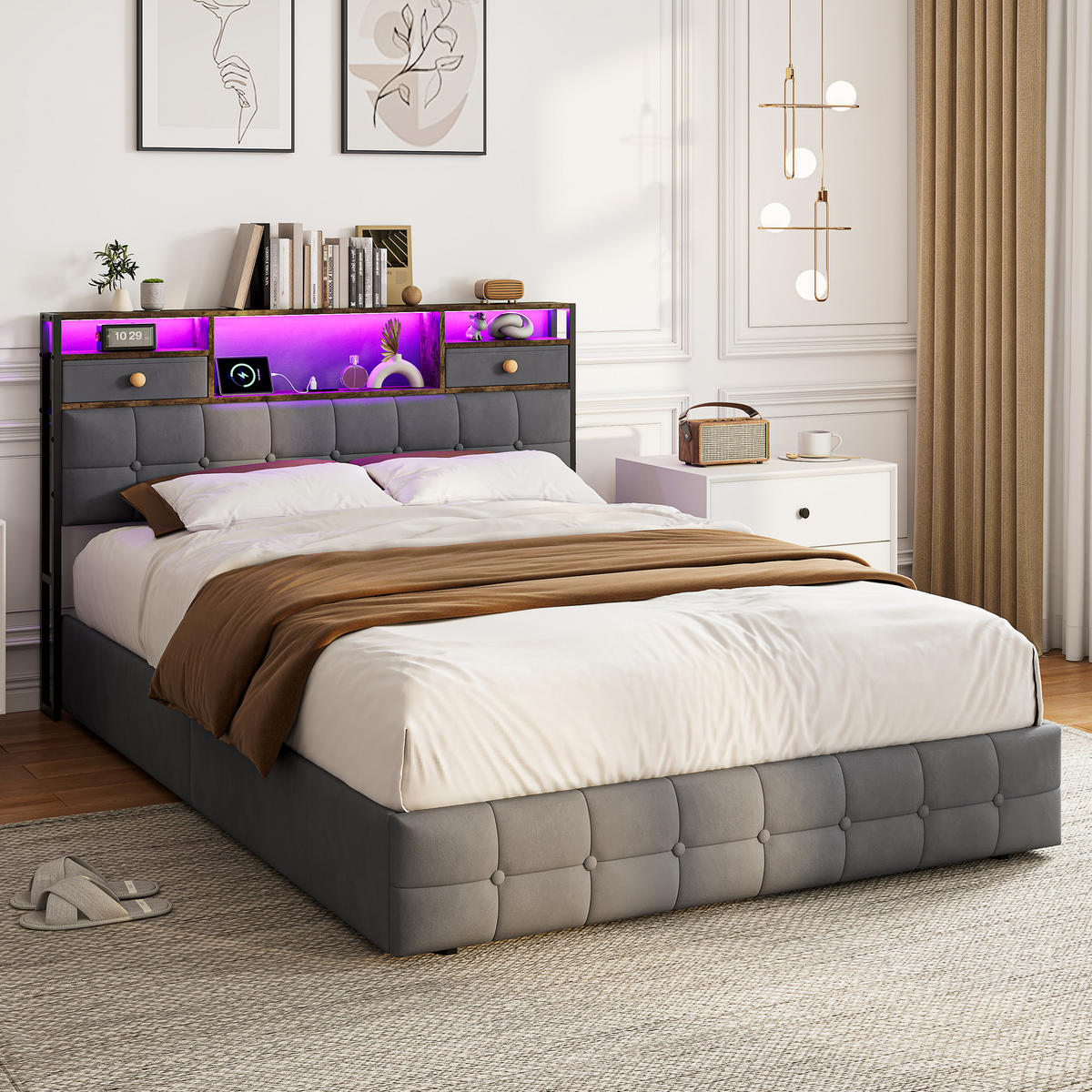 POLSTERBETT 140x200 cm mit LED, USB & 4 Schubladen, Grau - Grau, Metall (140/200cm) - EuroLiving