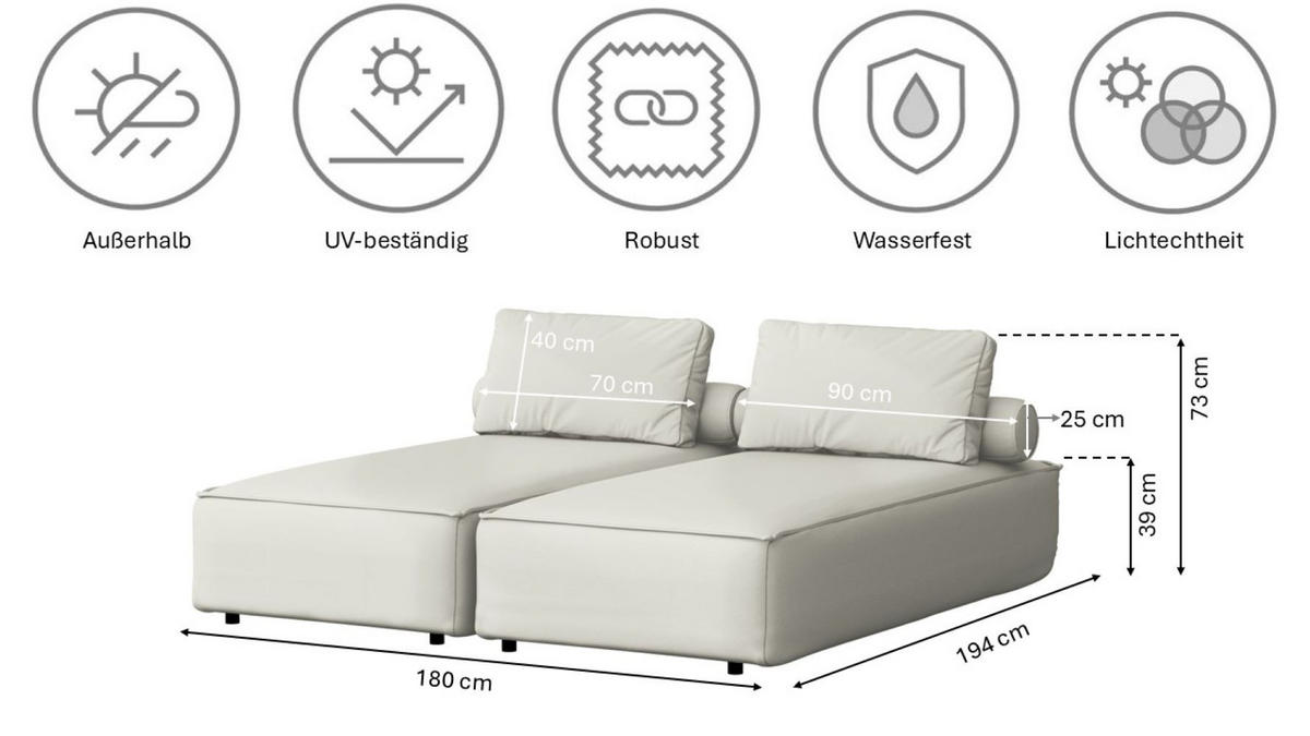 GARTENCHAISELONGUE Doppelter MALIBU Creme - Creme, Holz (180/73/194cm) - Kaiser Möbel