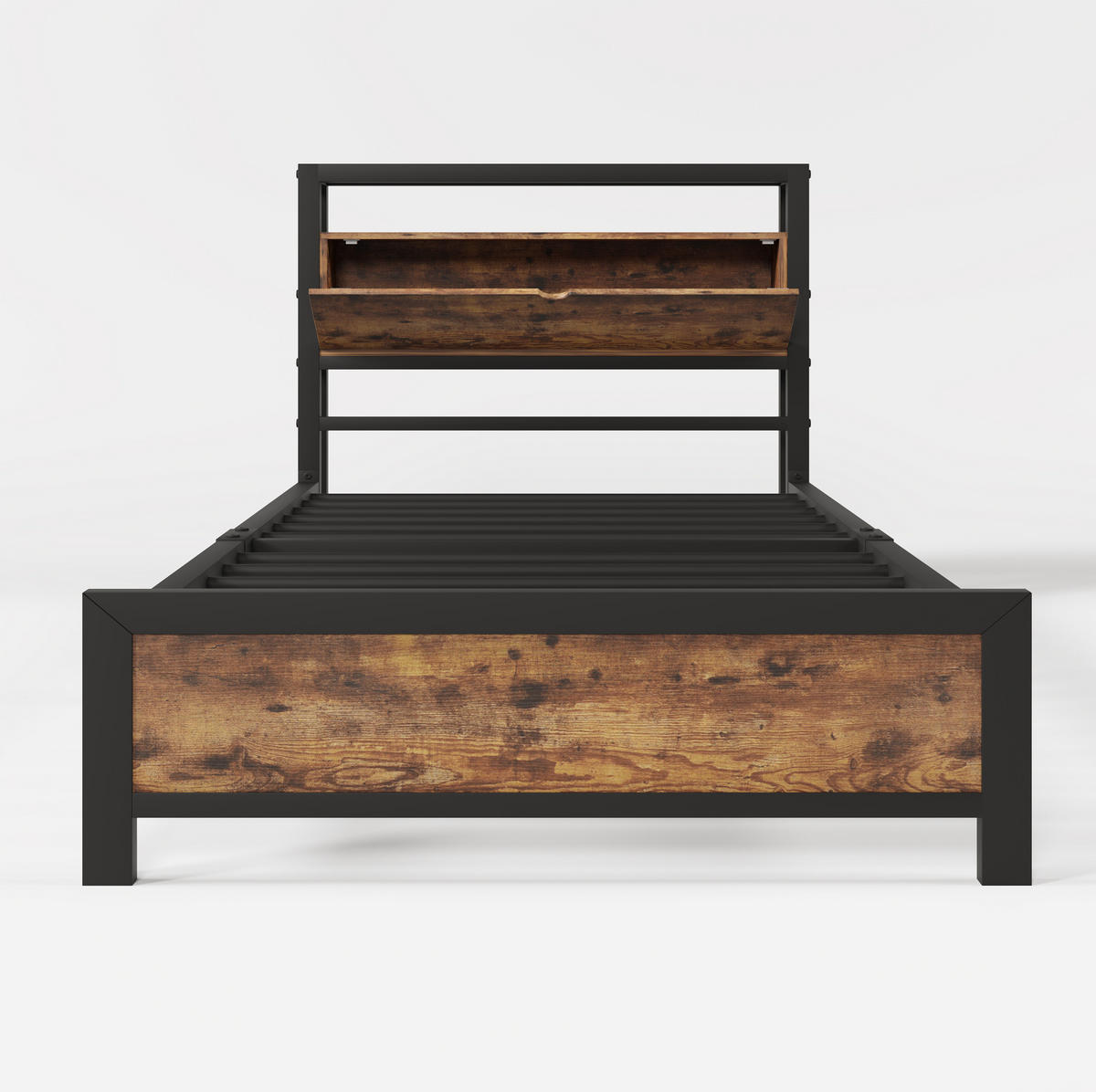 METALLBETT aus Metall und Holz 90x200 cm in Natur mit Stauraum-Kopfteil - Naturfarben, Metall (90/200cm) - Modfu