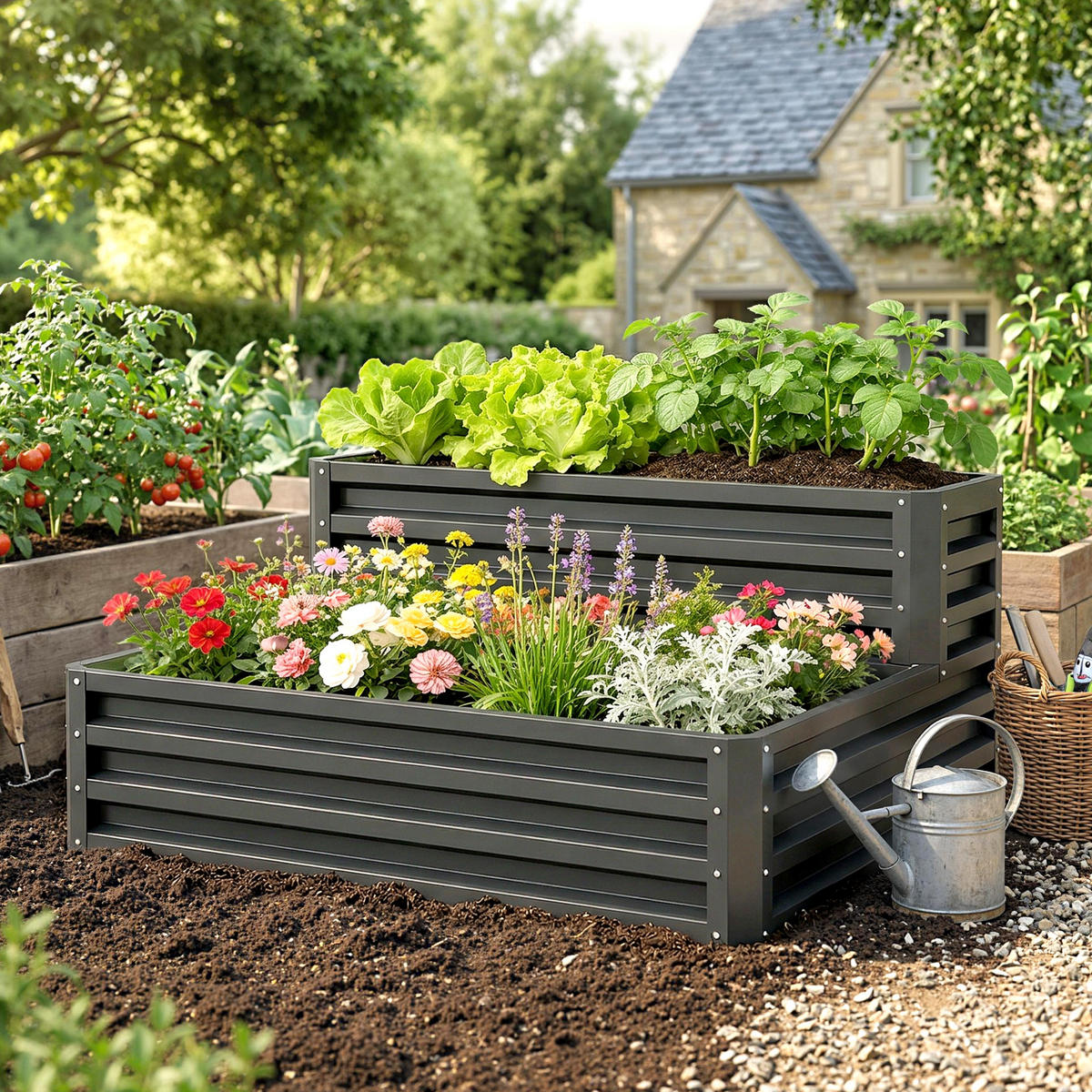 HOCHBEET DE-12134 2-stufig, offener Boden, 120/101/58 cm Dunkelgrau - Dunkelgrau, Metall (120/58/101cm) - ComfortXL