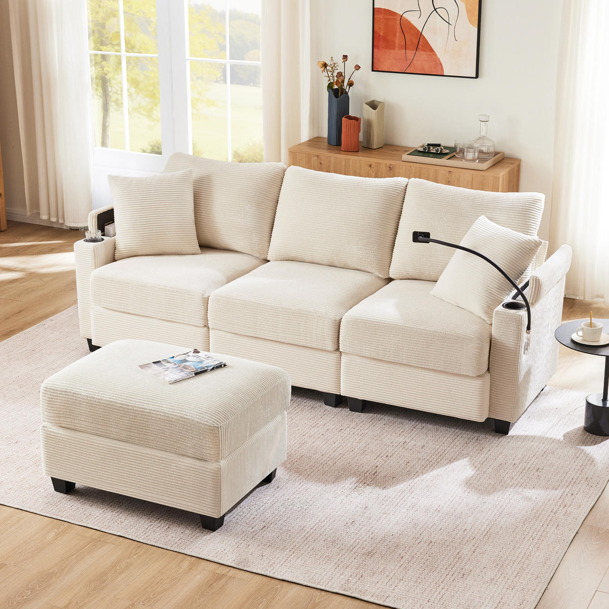 ECKSOFA 213.5/139/87 cm Beige mit Fußhocker, Getränkehalter, USB-Ladegerät und Armlehnenablage - Beige, Textil (213.5/139cm) - Oxeza